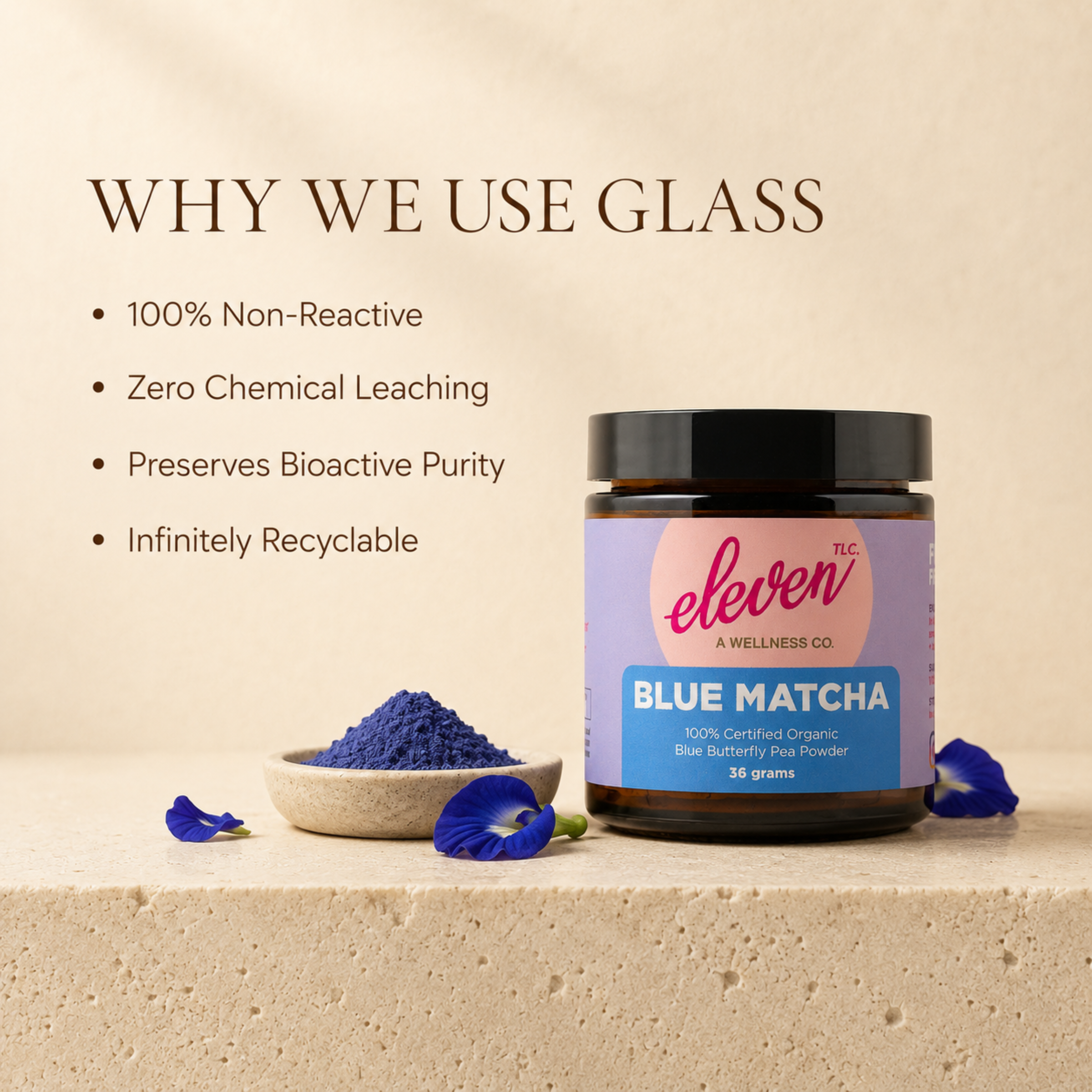 Eleven TLC butterfly pea powder graphic on why amber glass jars protect the powder from light.