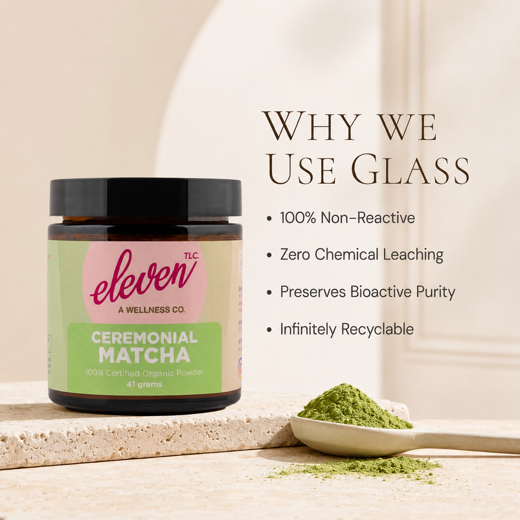 Eleven TLC Ceremonial Nishio Matcha in amber glass jar on beige surface, text highlighting 100% non-reactive storage, zero chemical leaching, and preservation of bioactive purity.