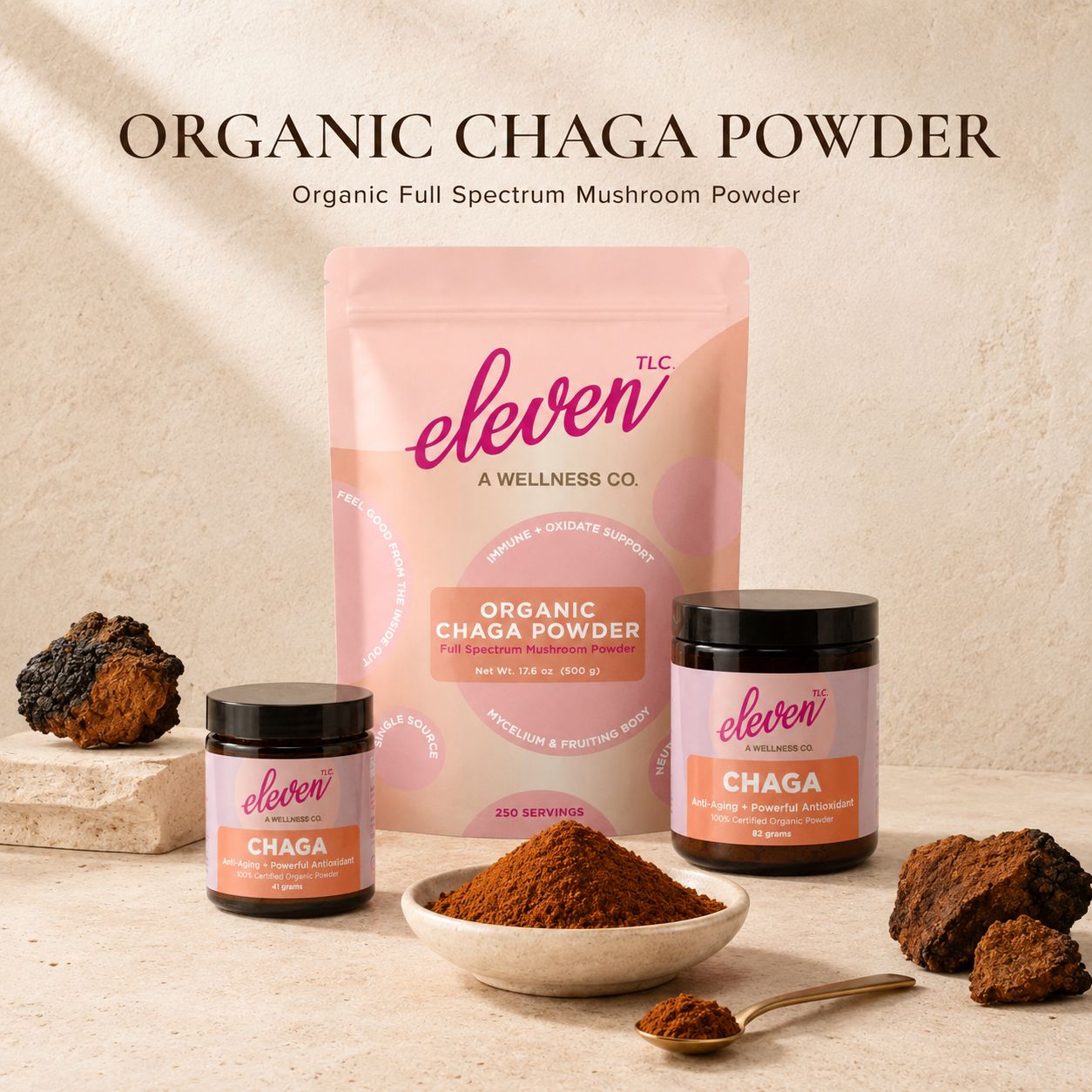 Eleven TLC Chaga mushroom powder shown in 41g, 82g, and 500g sizes with chaga chunks and powder bowl.
