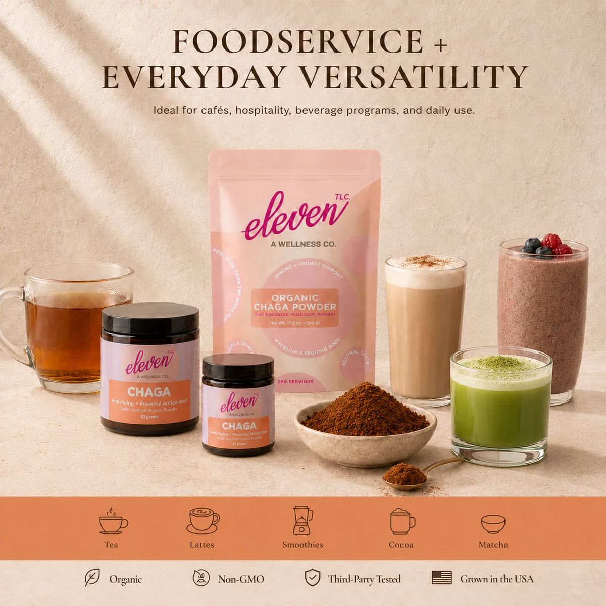 Eleven TLC Organic Chaga Mushroom Powder 500g pouch and jars shown with tea, lattes, smoothies, cocoa and matcha for foodservice and everyday use.