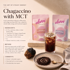 Chagaccino with MCT recipe card with Eleven TLC organic chaga powder and MCT oil powder pouches, an iced chaga coffee, chaga chunks and a dish of chaga powder, with ingredients and method.