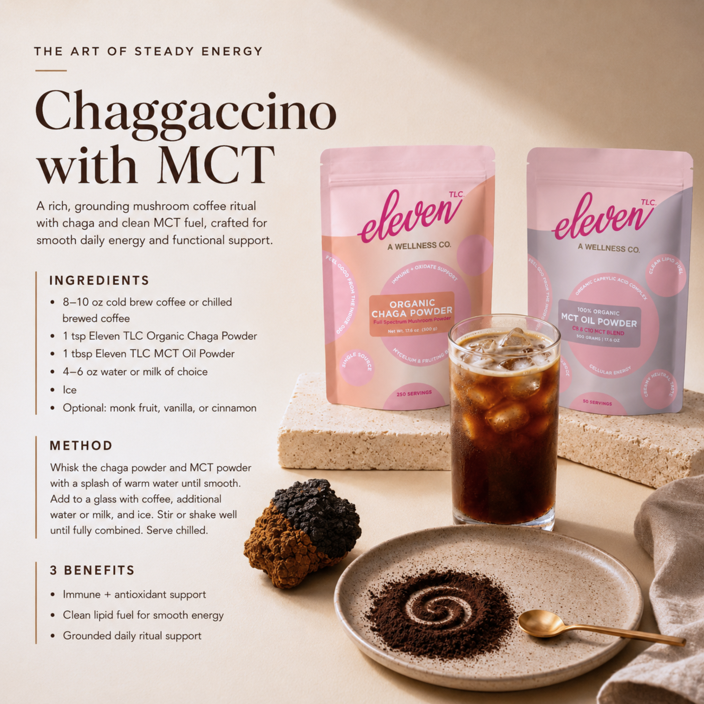 Chaggacino recipe with MCT Oil Powder: instructional blueprint for functional daily signal beverage preparation.