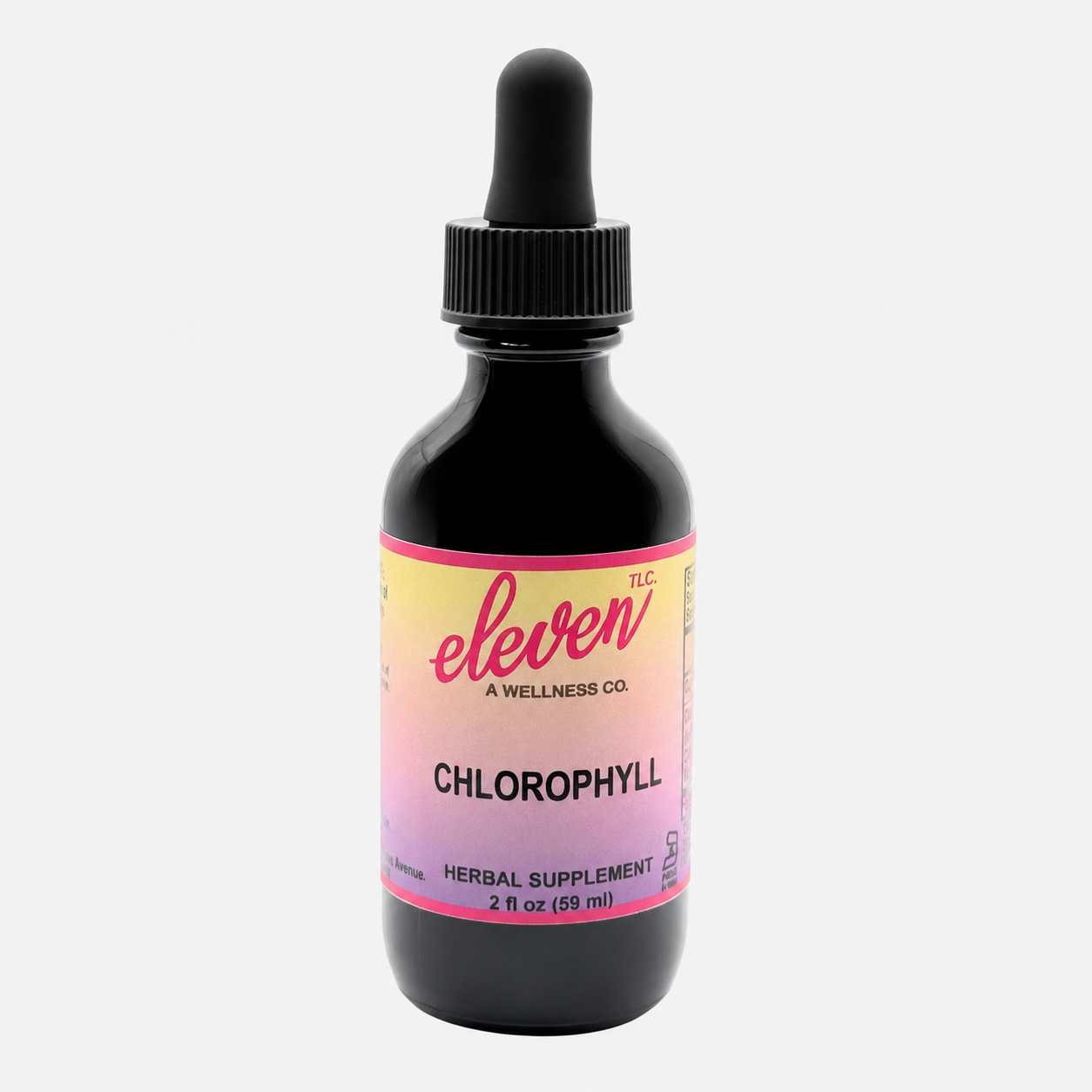 Eleven TLC alcohol-free liquid chlorophyll drops in a 2 oz amber glass bottle with a dropper cap on a clean white background.