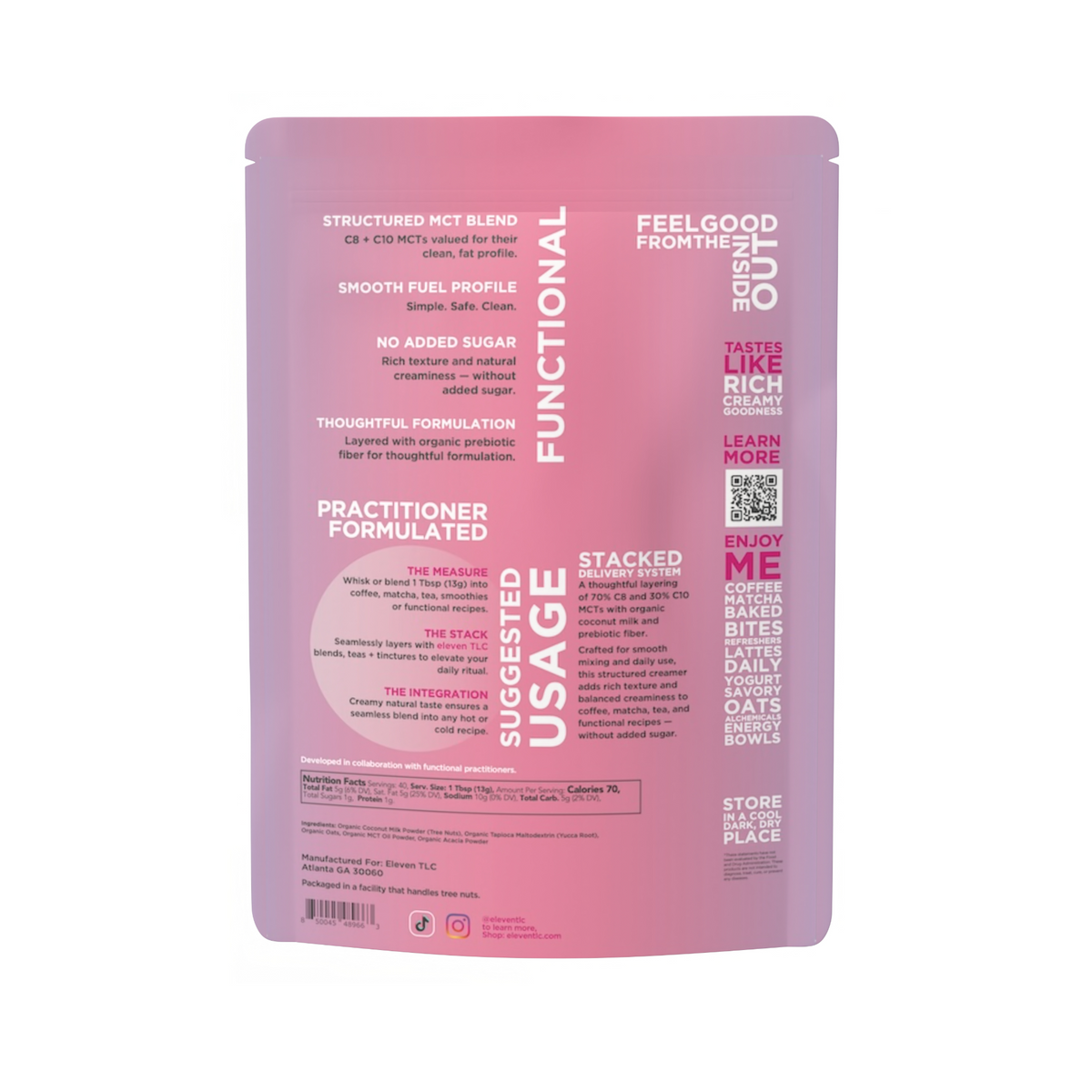Eleven TLC Organic Coconut MCT Oat Creamer 500g pouch, back panel with suggested usage, nutrition facts and a QR code.