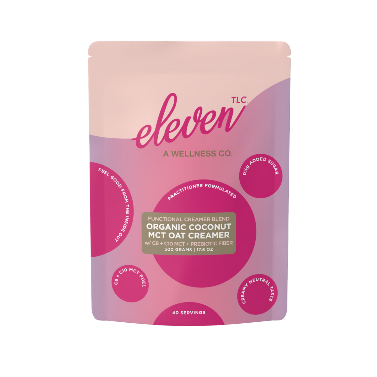 Eleven TLC Organic Coconut MCT Oat Creamer 500g stand-up pouch, front, in magenta and white packaging.