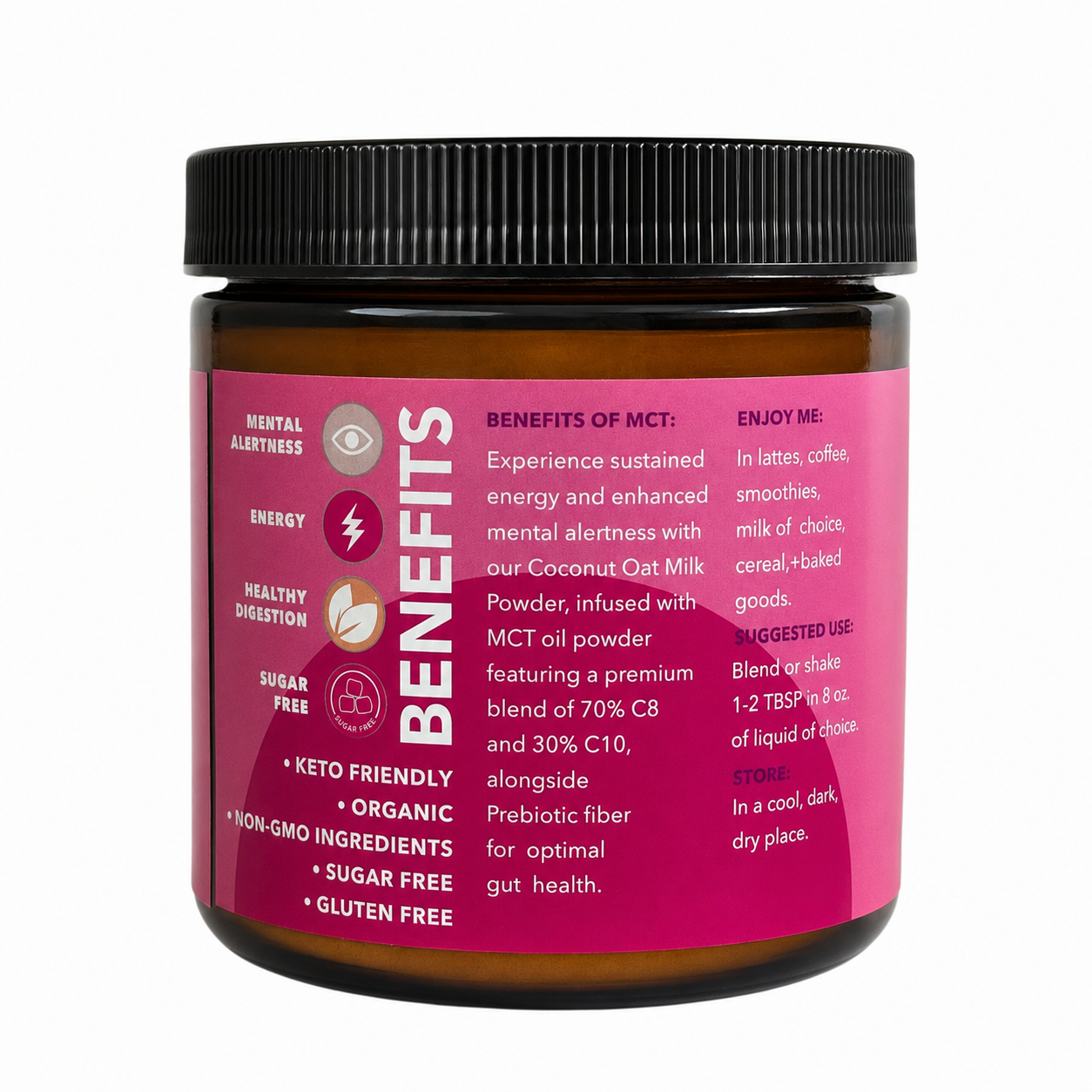 Back-facing view of Eleven TLC 500g coconut oat mct creamer in an amber glass jar, magenta label clearly showing benefits list including "Mental Alertness," "Energy," and "Healthy Digestion," with technical specifications for the 70% C8 and 30% C10 MCT ratio, organic certification, and sugar-free formulation against a clean white background.