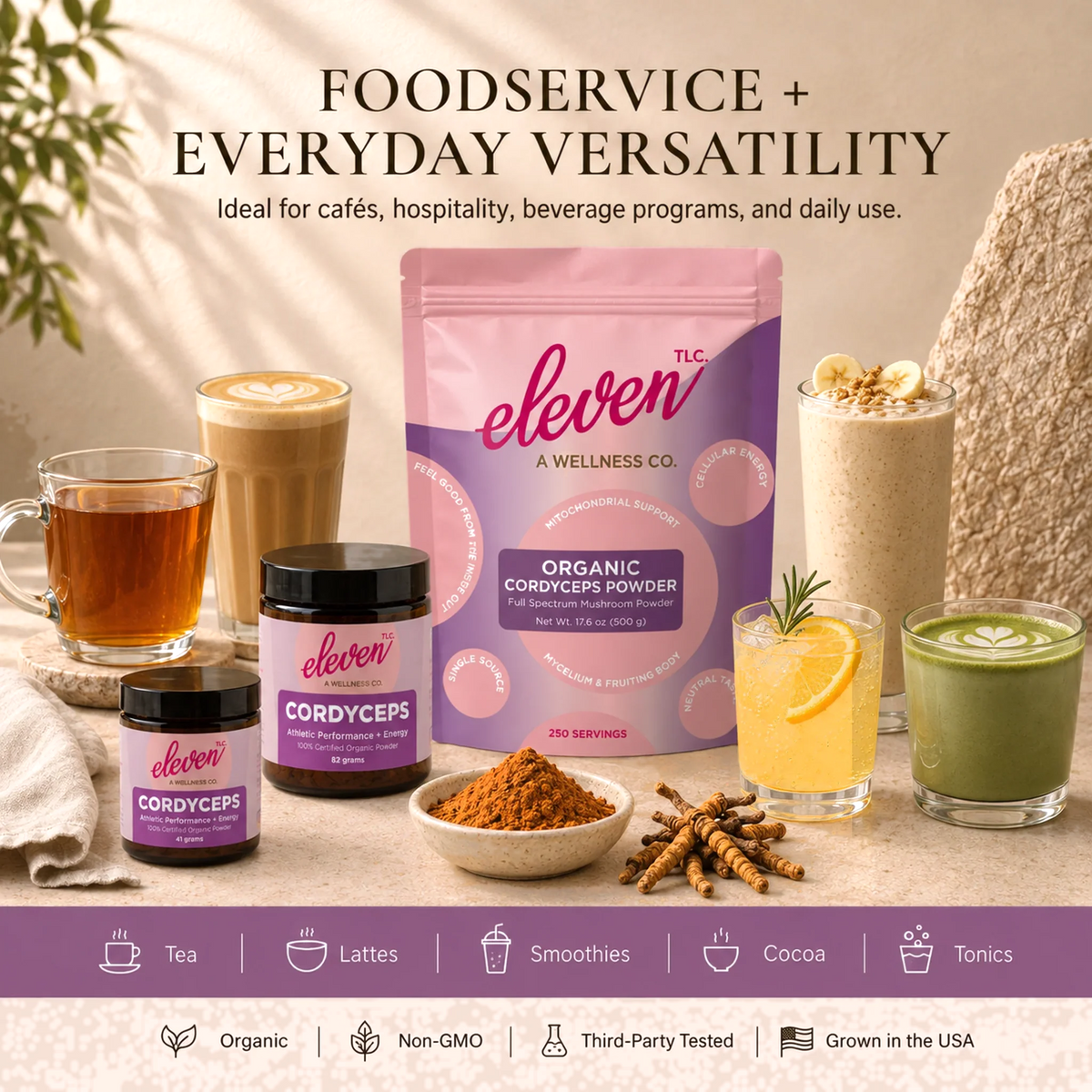 Eleven TLC Organic Cordyceps Mushroom Powder 500g pouch with 41g and 82g jars, displayed alongside tea, lattes, smoothies, matcha, and cordyceps powder for foodservice and everyday use.