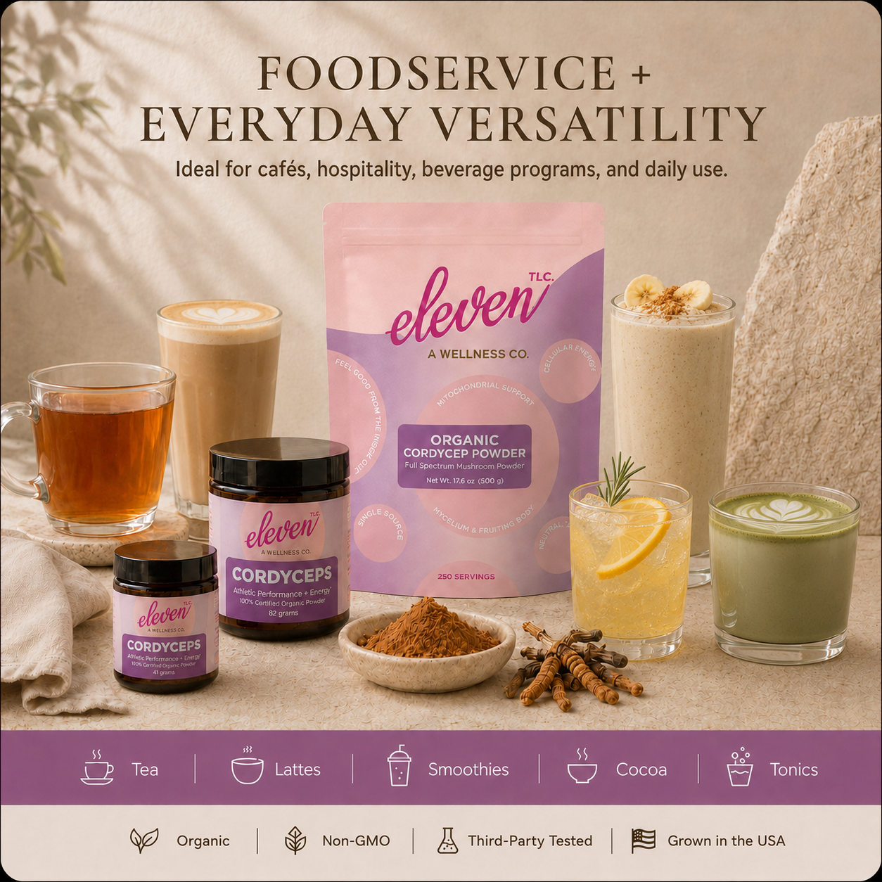 Eleven TLC Cordyceps mushroom powder 500g foodservice pouch with tea, lattes, smoothies, cocoa, tonics,matcha, and powder.