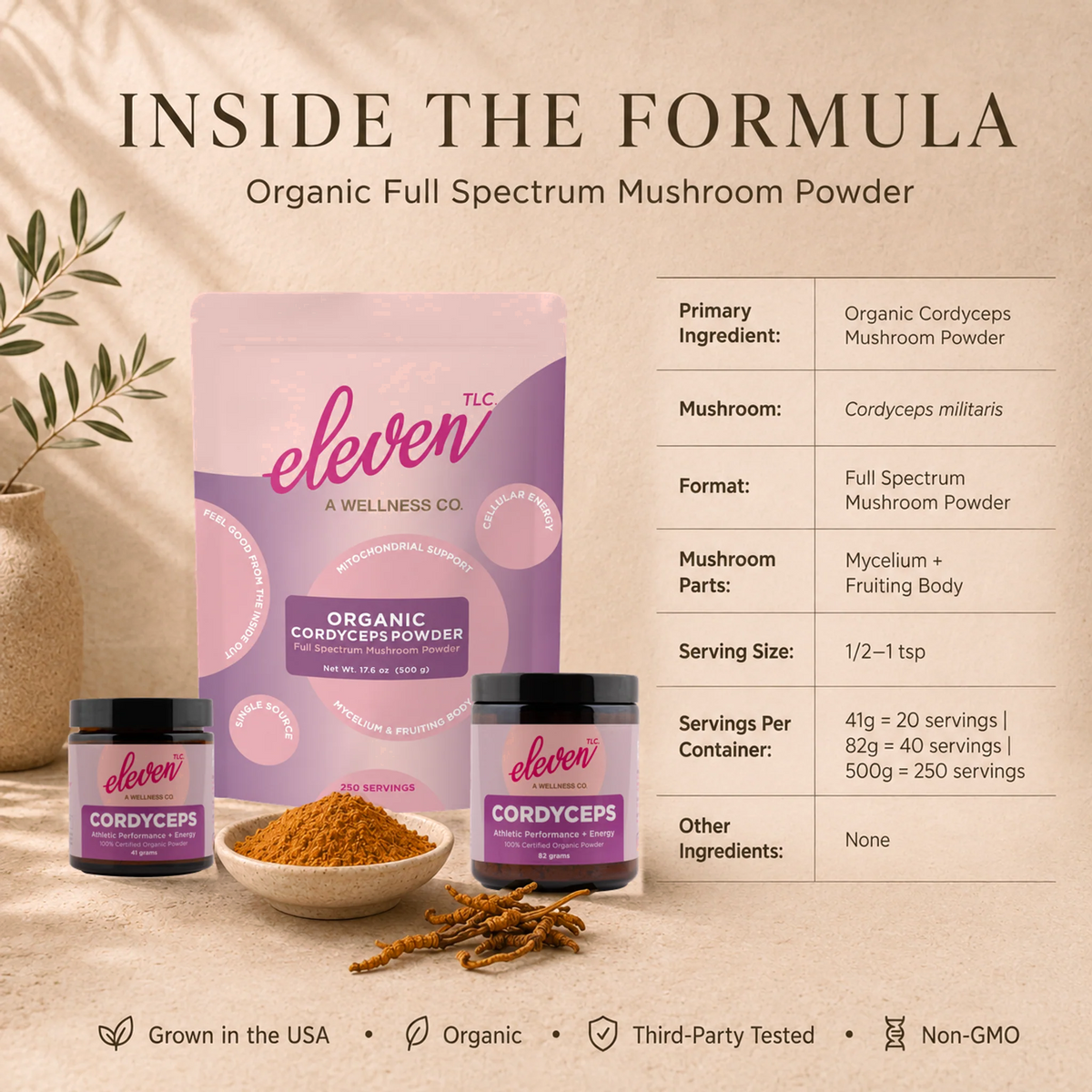 Inside the formula for Eleven TLC Organic Cordyceps Mushroom Powder: Cordyceps militaris, full-spectrum mycelium and fruiting body, 1/2 to 1 tsp serving, no other ingredients. Shown in 41g and 82g jars and the 500g pouch. Grown in the USA, organic, third-party tested, non-GMO.