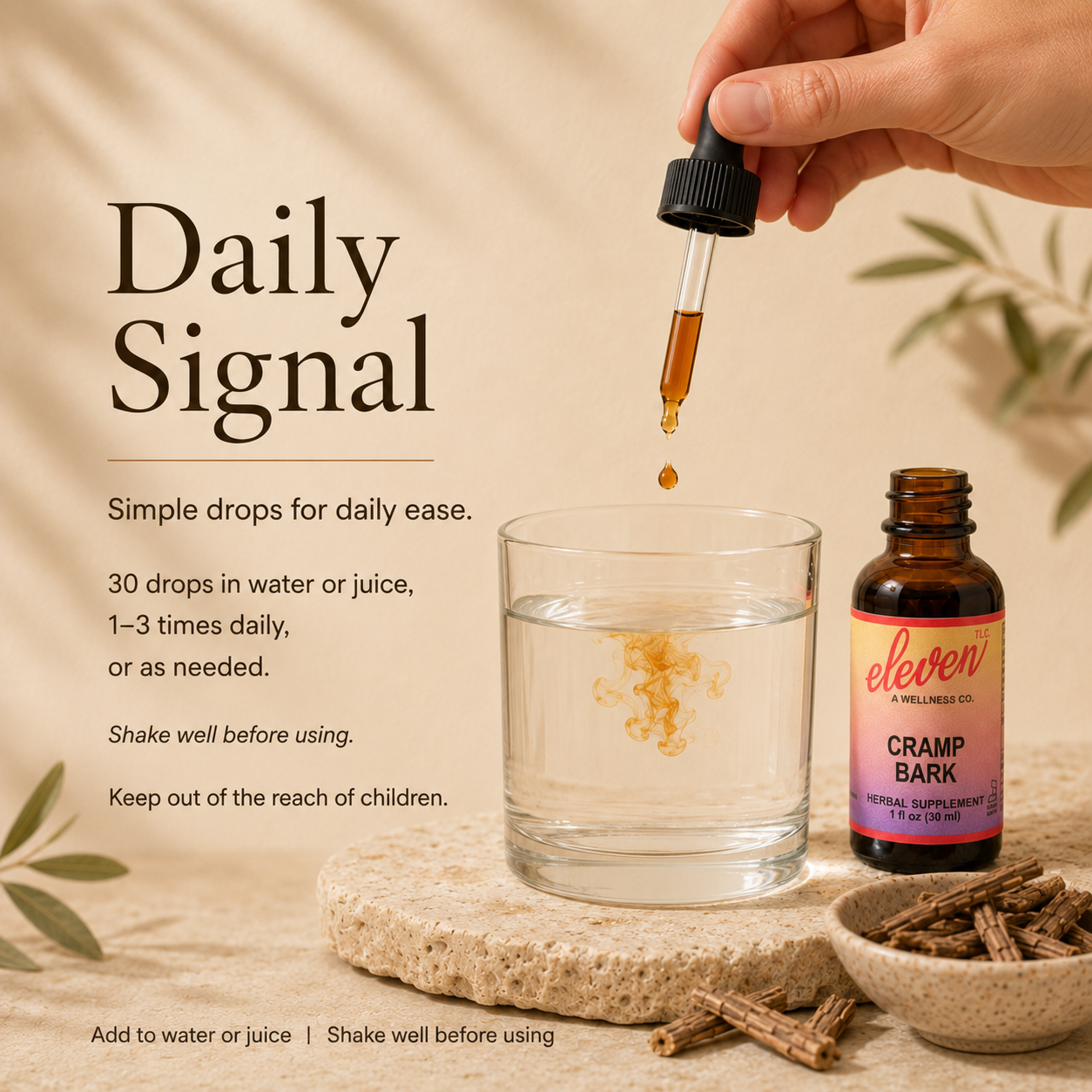 Eleven TLC Cramp Bark tincture instructional slide detailing 30 drop daily signal, usage instructions, and safety warnings.