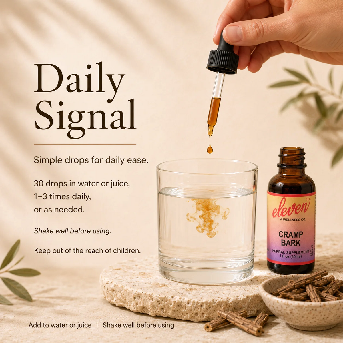 Eleven TLC Cramp Bark tincture instructional slide detailing 30 drop daily signal, usage instructions, and safety warnings.