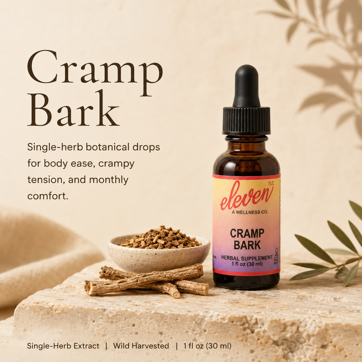 Eleven TLC Cramp Bark 1 oz tincture amber bottle with dropper, featuring branded label for menstrual comfort.