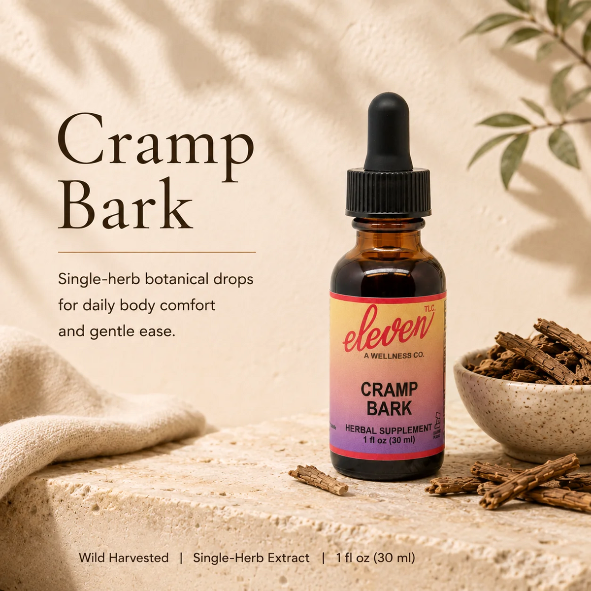 Eleven TLC Cramp Bark 1oz tincture bottle featuring branded label, amber glass, and dropper for menstrual comfort.