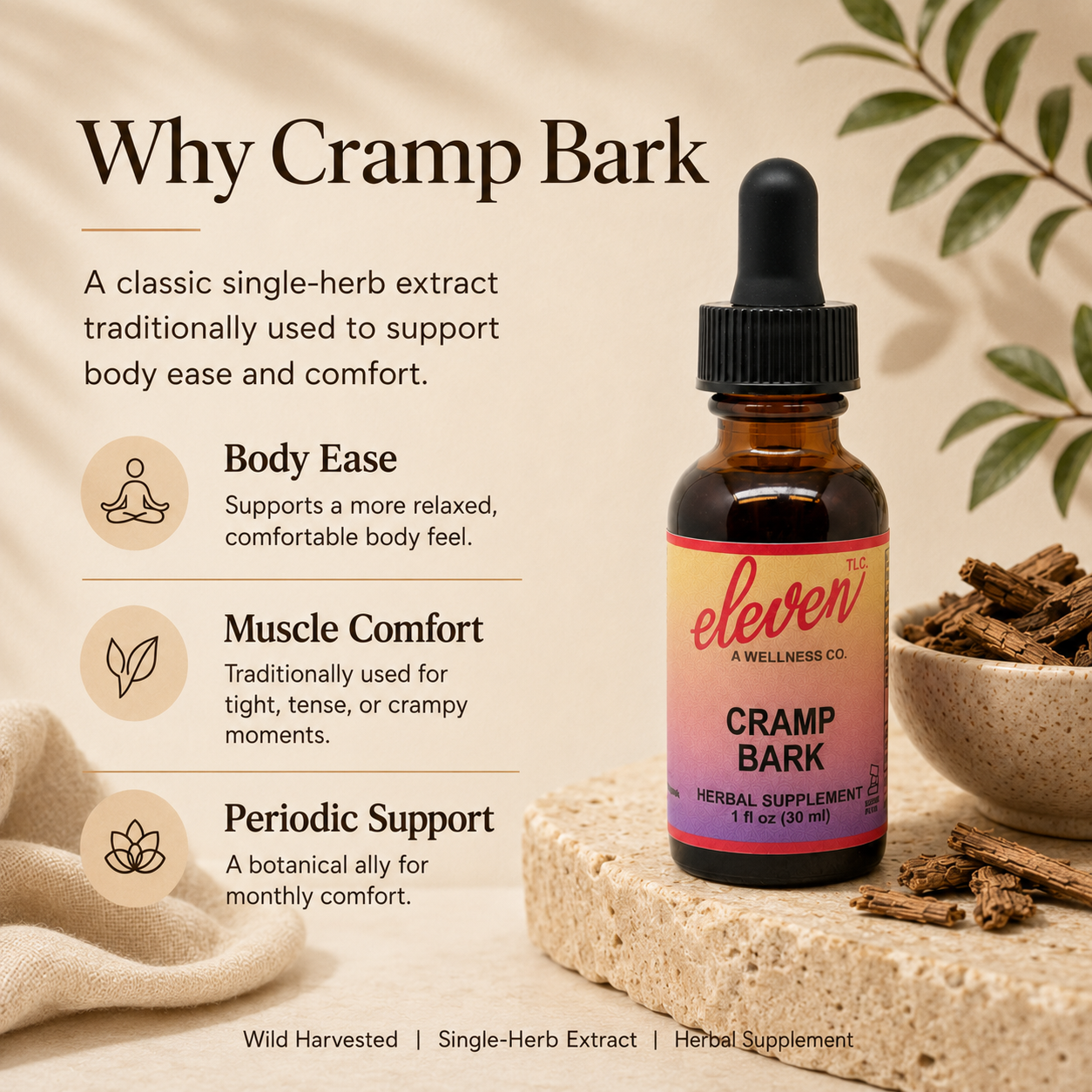 Eleven TLC Cramp Bark tincture infographic detailing 30 serving dosage, organic wildcrafted ingredients, and GMP certification.