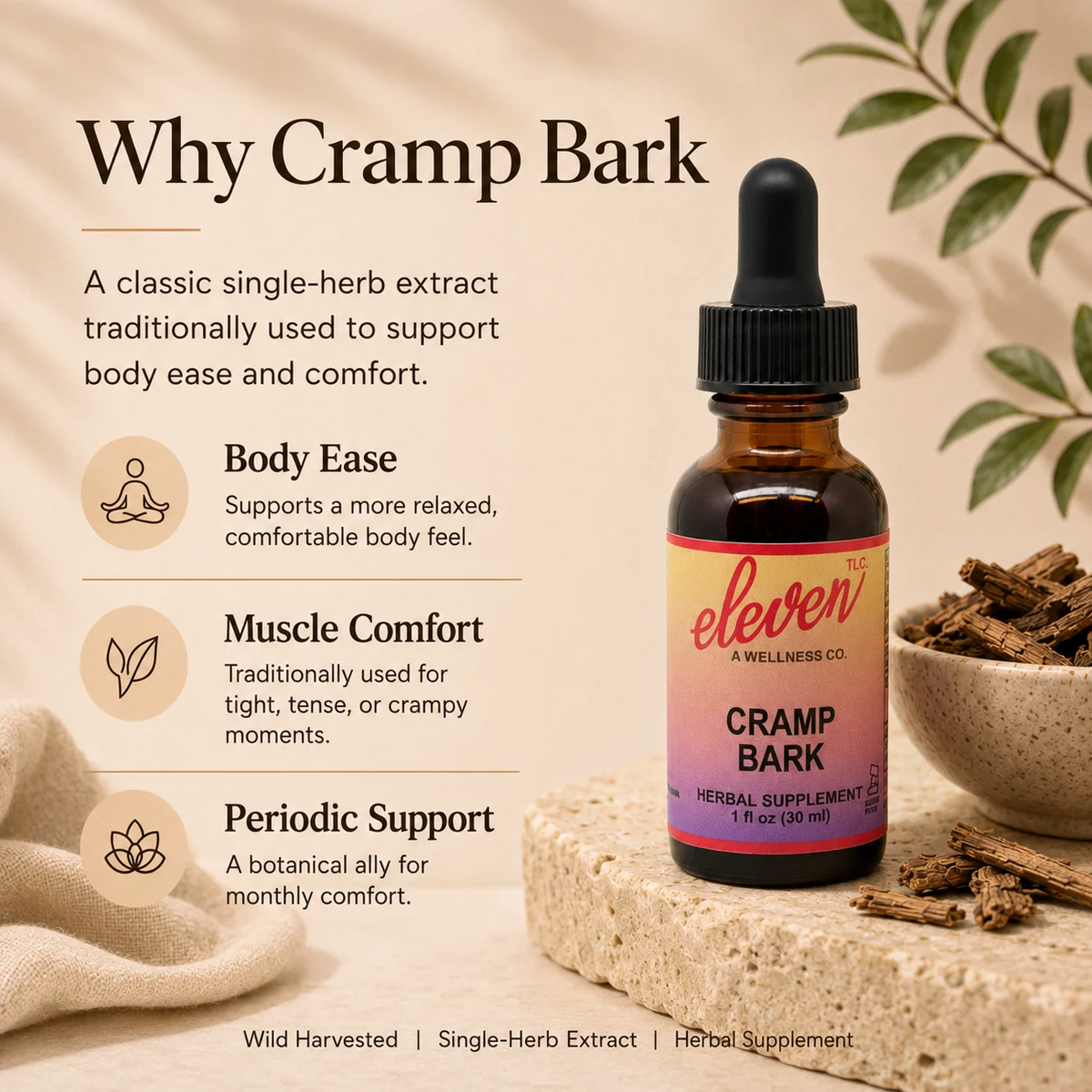 Eleven TLC Cramp Bark tincture infographic detailing 30 serving dosage, organic wildcrafted ingredients, and GMP certification.
