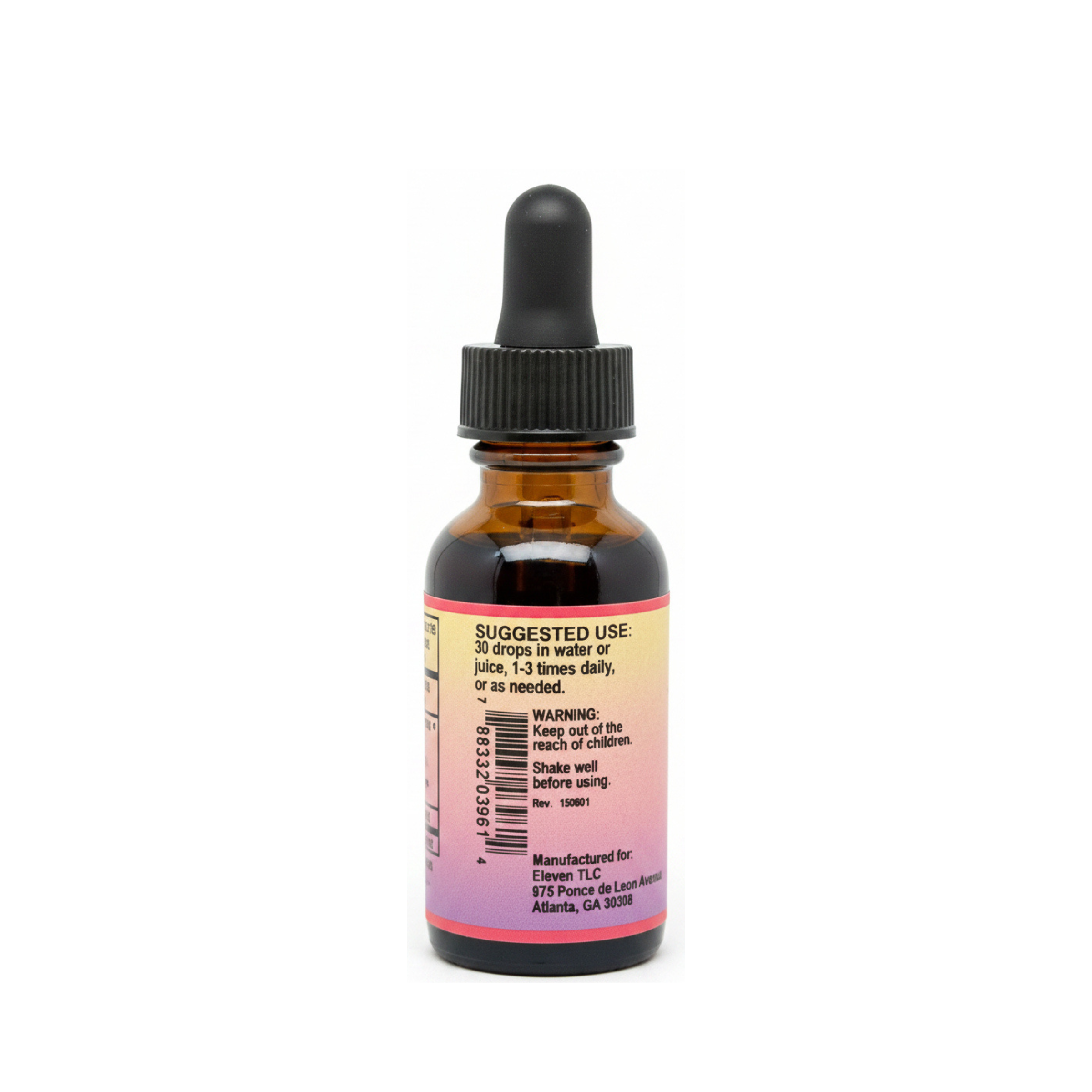 Eleven TLC Cramp Bark 1 oz tincture label showing suggested use: 1 dropperful under the tongue up to 3 times daily.
