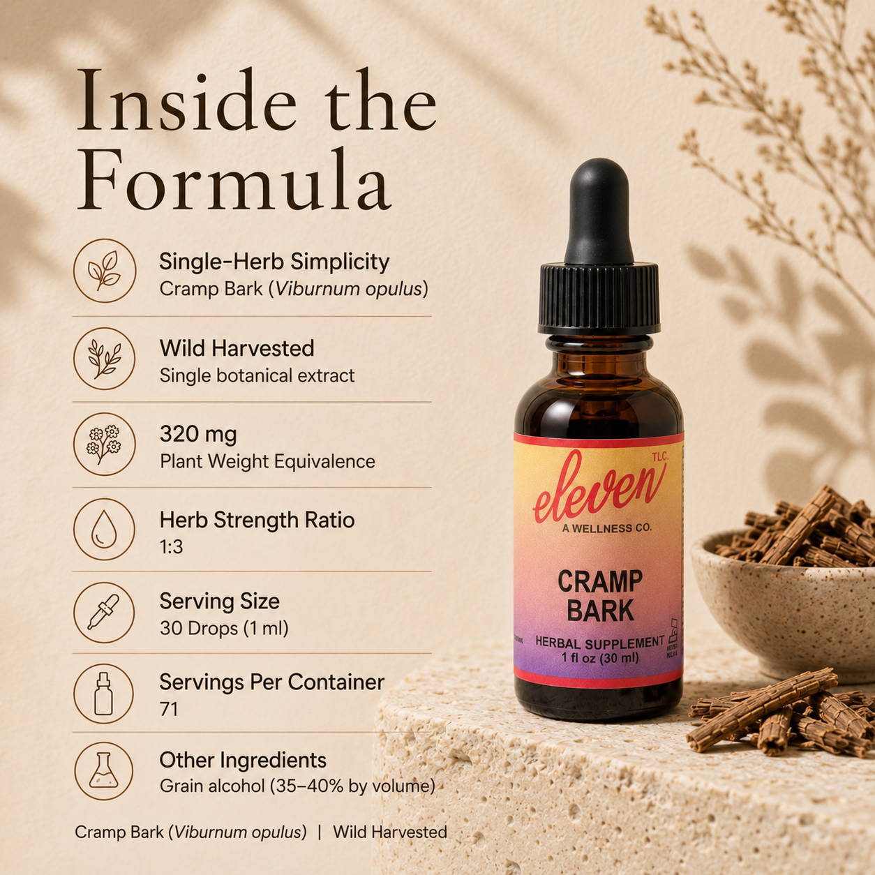 Eleven TLC Cramp Bark educational graphic detailing traditional use for menstrual comfort and muscle relaxation.