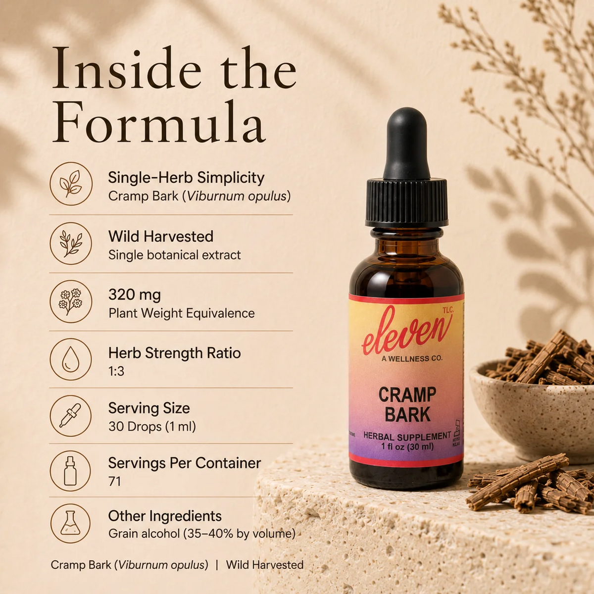 Eleven TLC Cramp Bark educational graphic detailing traditional use for menstrual comfort and muscle relaxation.