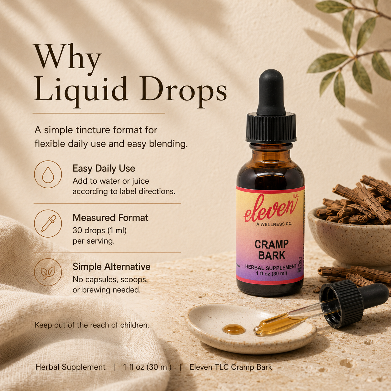 Eleven TLC Cramp Bark infographic explaining liquid drop tincture benefits: easy daily use, measured dosage, and alternative to capsules.