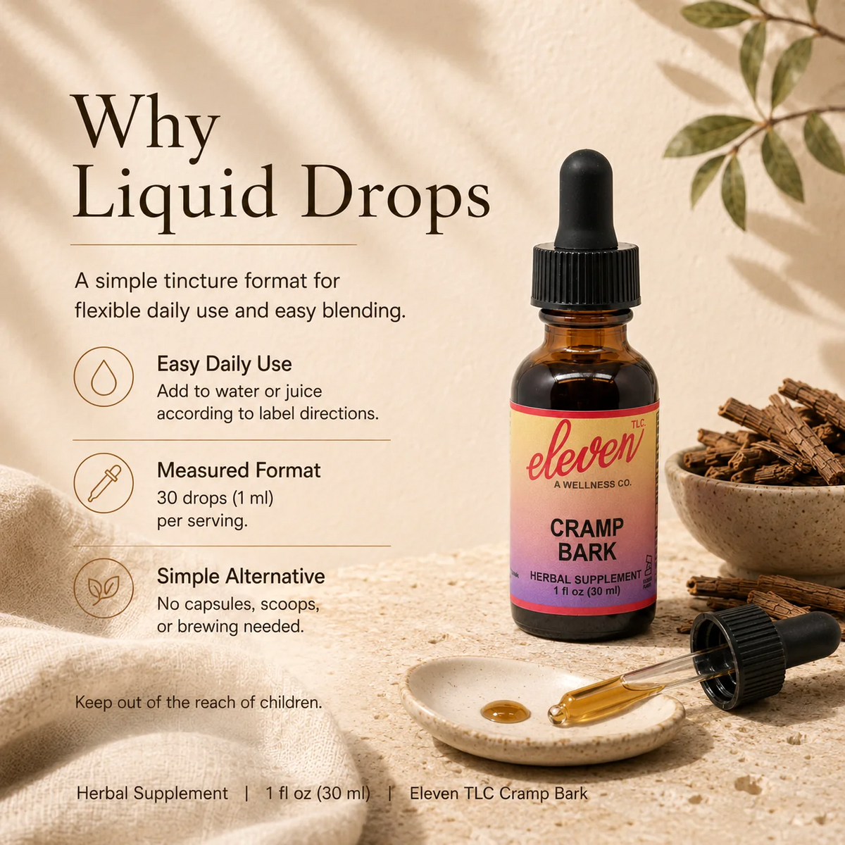Eleven TLC Cramp Bark infographic explaining liquid drop tincture benefits: easy daily use, measured dosage, and alternative to capsules.