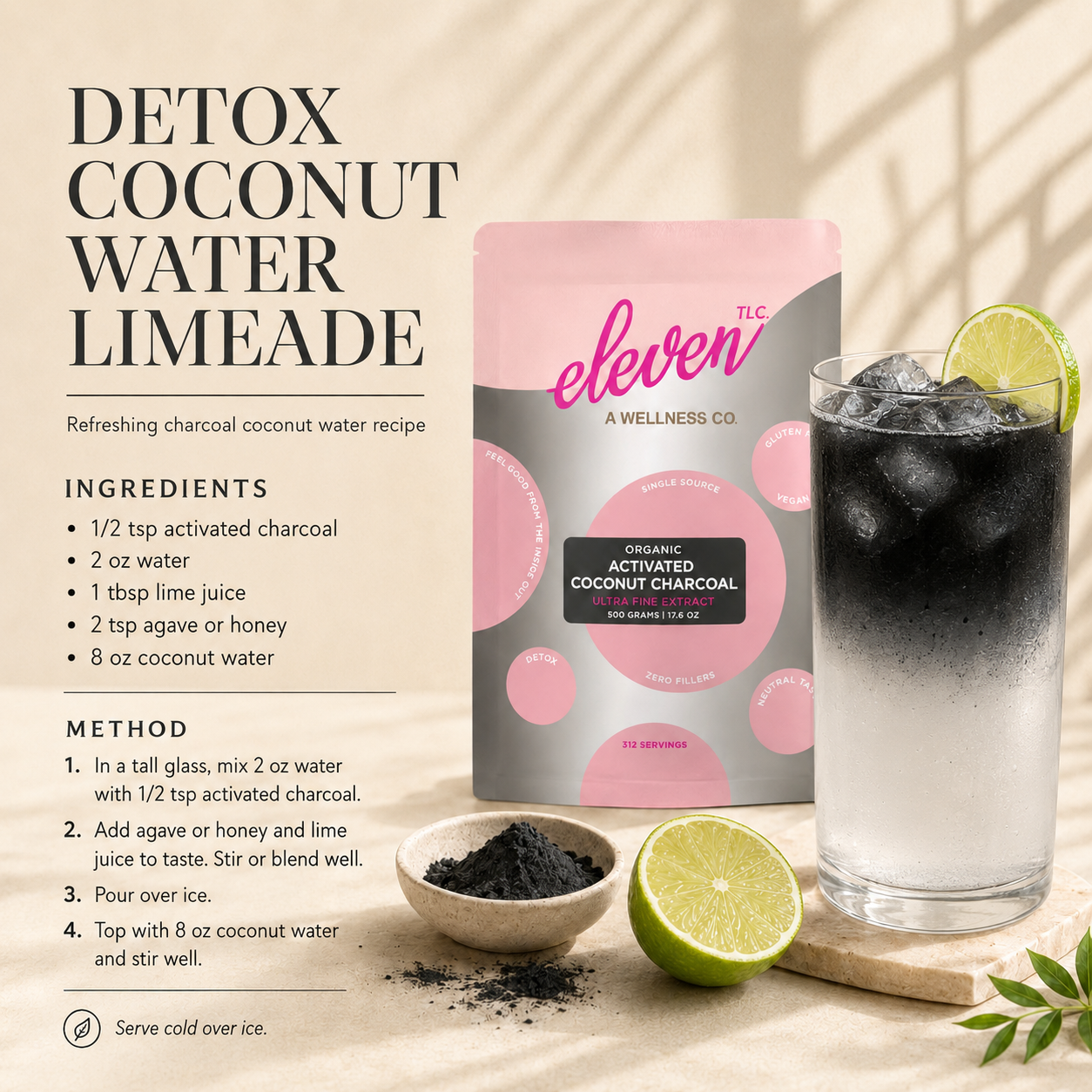 Eleven TLC Activated Coconut Charcoal Powder recipe card for Detox Coconut Water Limeade, featuring a glass of charcoal-infused limeade and ingredients on a minimalist background.