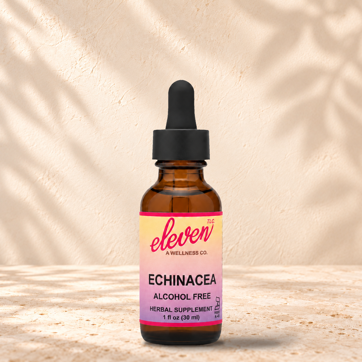 Eleven TLC Echinacea alcohol-free herbal tincture for immune support, 1 fl oz amber dropper bottle with pink and yellow label