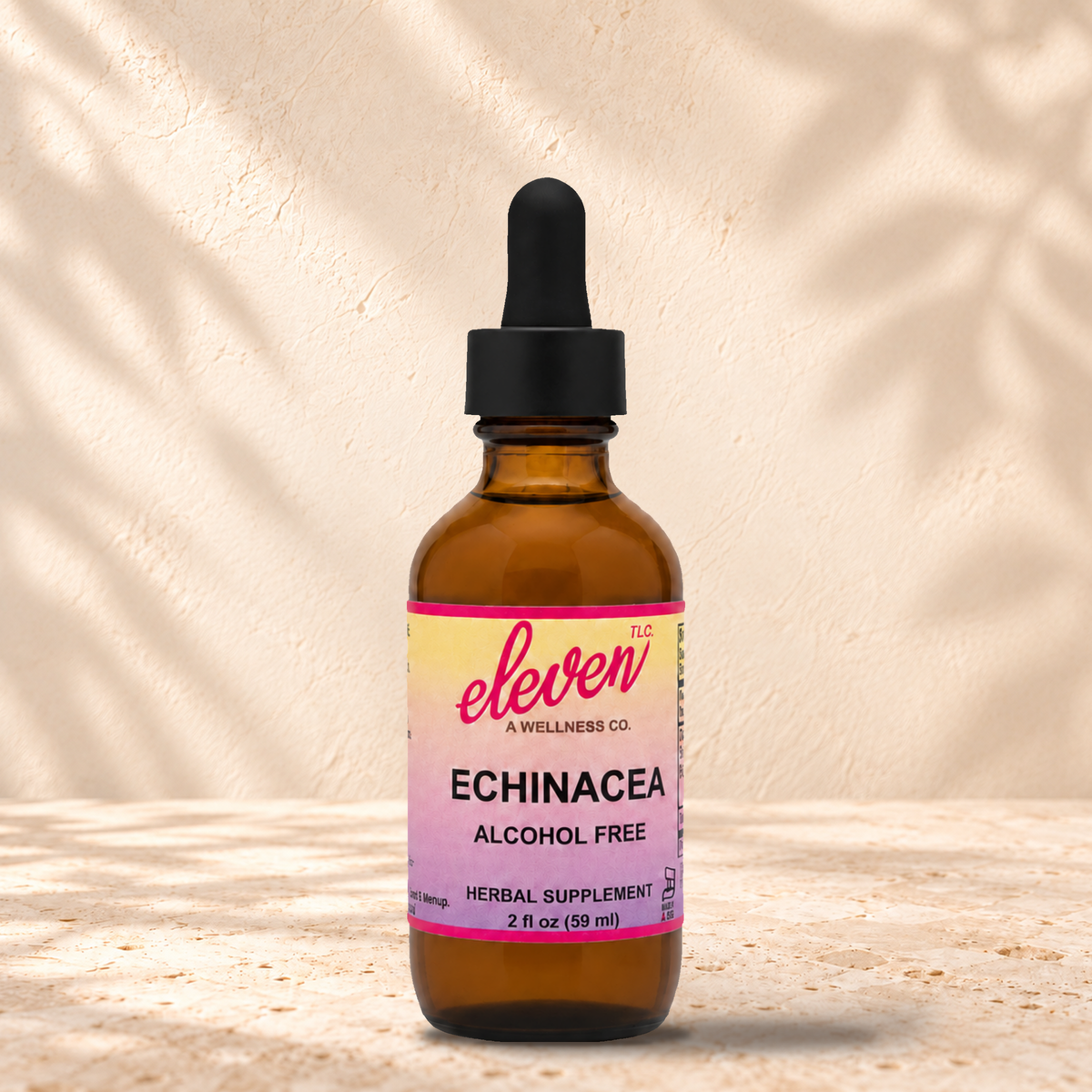 Eleven TLC Echinacea root alcohol-free herbal tincture, 2 fl oz amber dropper bottle with pink and yellow label