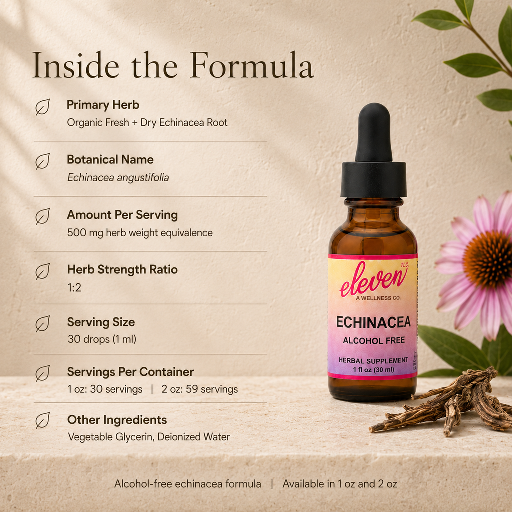 Eleven TLC 2oz Echinacea tincture infographic detailing botanical name, 1:2 herb strength ratio, and ingredients list.