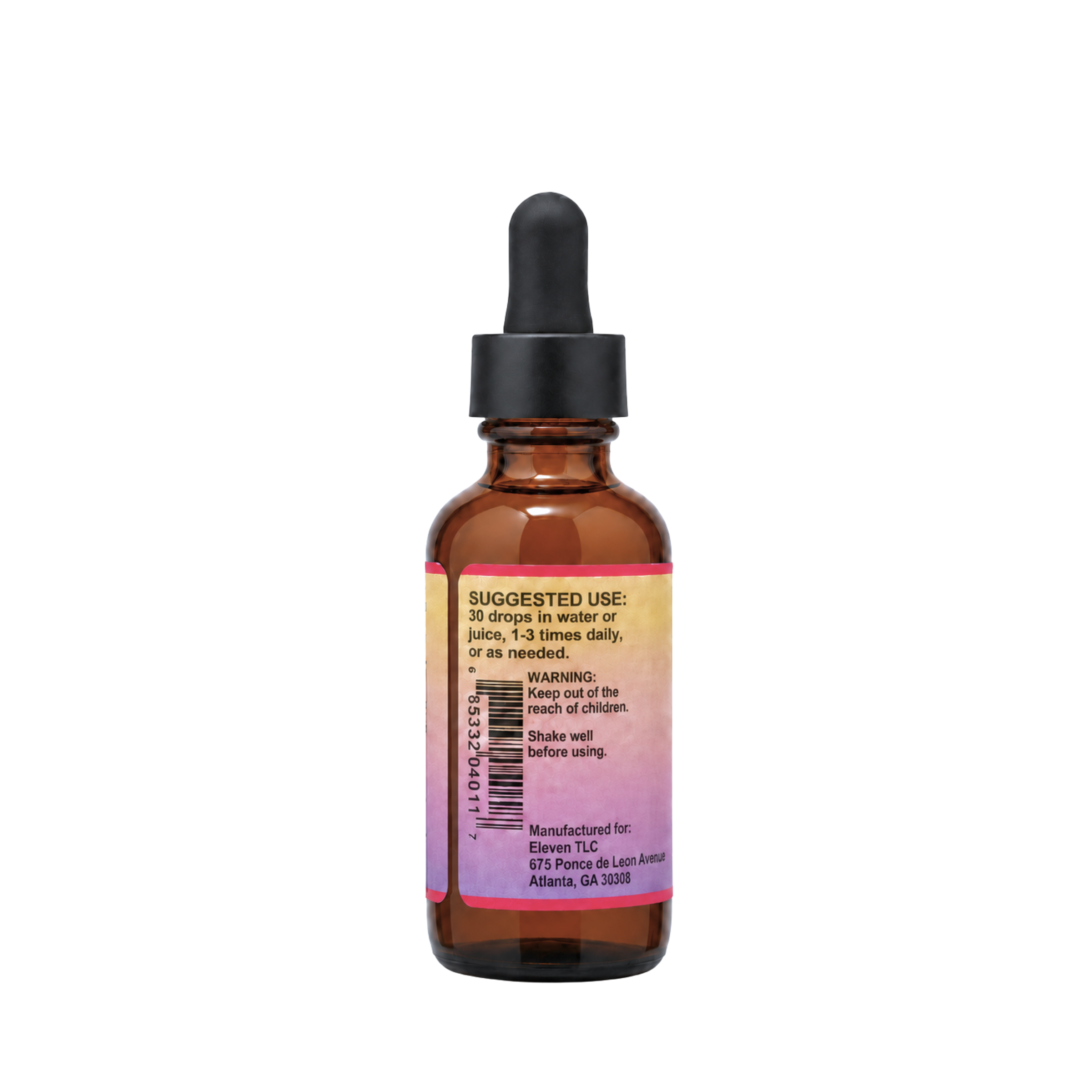 Eleven TLC 1oz Echinacea tincture label: suggested use of 30 drops in water or juice, 1-3 times daily as needed.