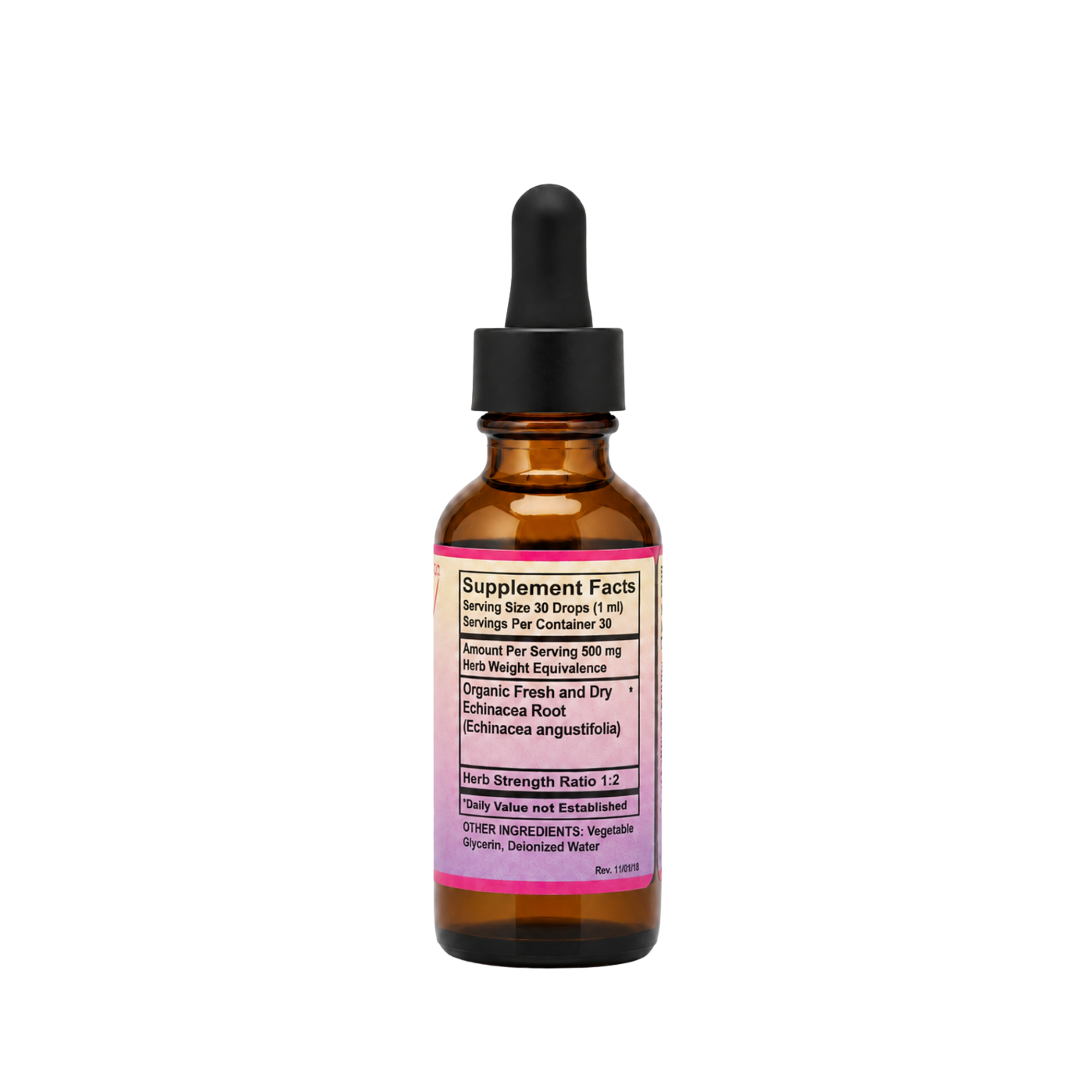 Eleven TLC 1oz Echinacea tincture supplement facts: 500mg Echinacea angustifolia root, 1:2 ratio, in vegetable glycerin.