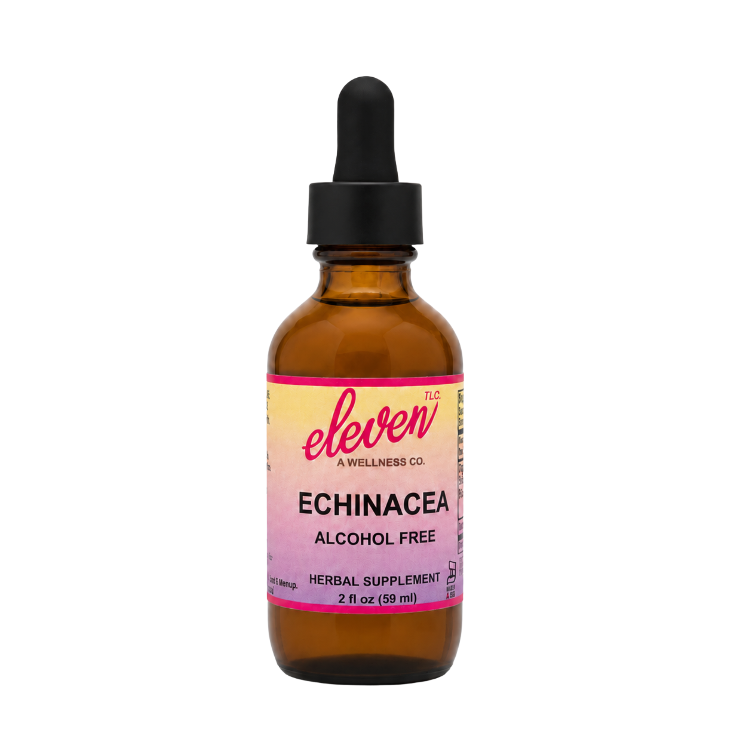 Eleven TLC 2oz Echinacea alcohol-free tincture bottle with black dropper cap, front label branding on white background.
