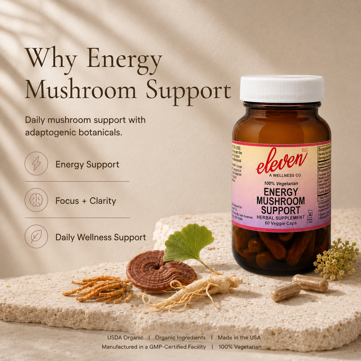 Eleven TLC Energy Mushroom + Adaptogen capsules bottle with benefit icons: energy, focus, daily wellness support.