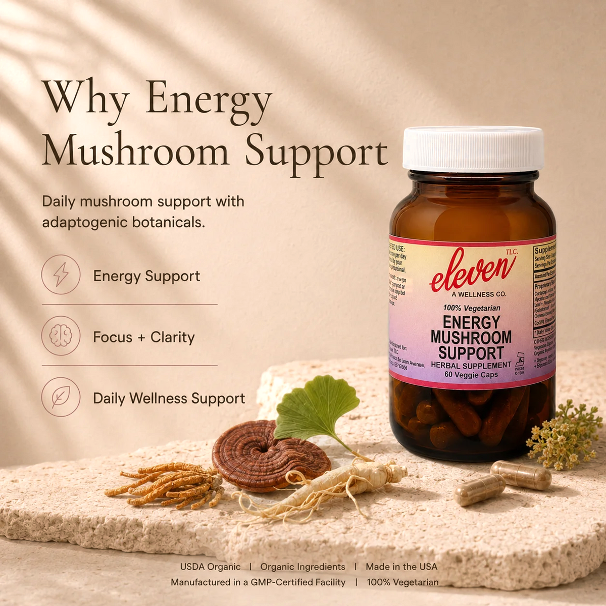 Eleven TLC Energy Mushroom + Adaptogen capsules bottle with benefit icons: caffeine-free daily energy support.