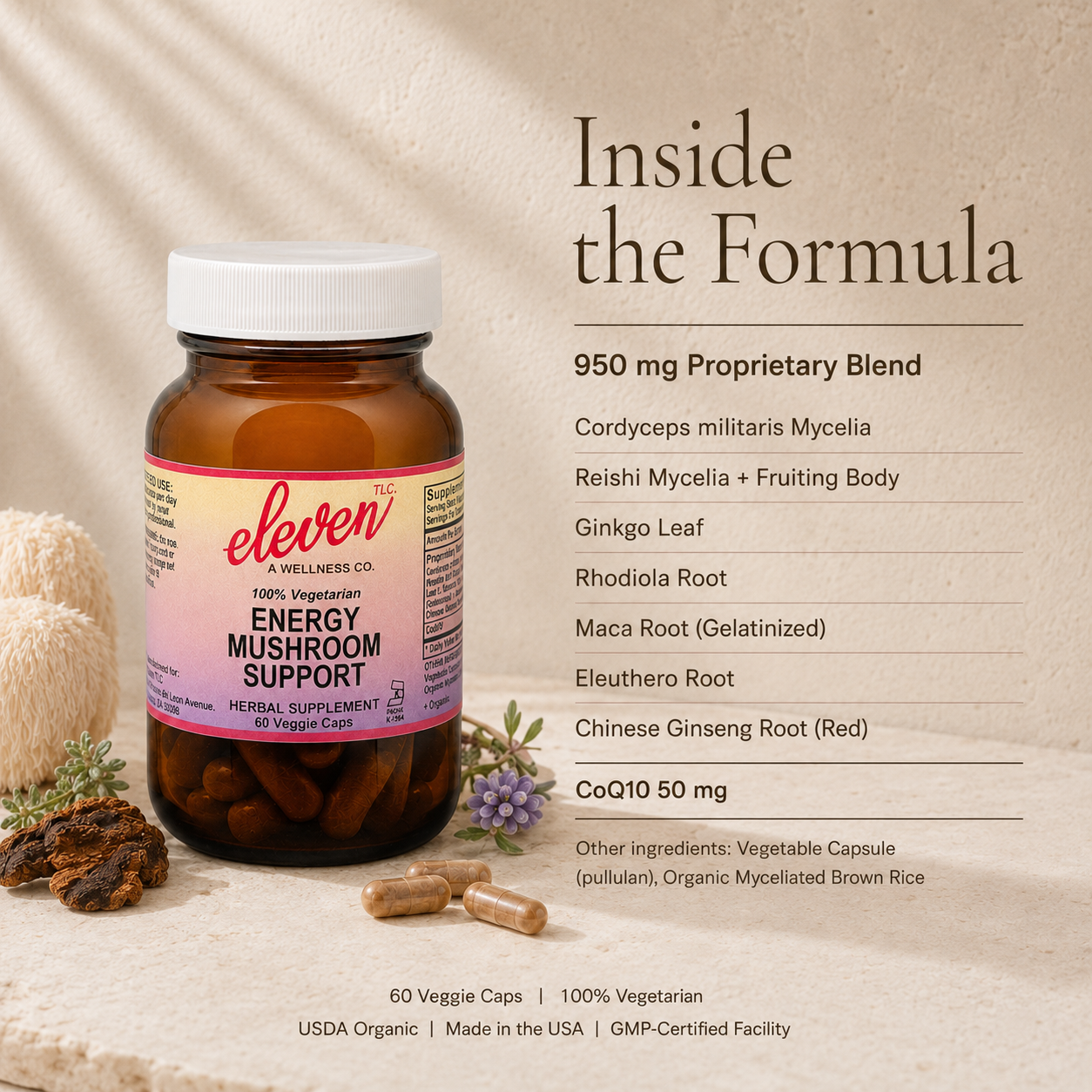 Eleven TLC Energy Mushroom + Adaptogen capsules 60-count bottle showing 950mg proprietary mushroom and adaptogen blend.