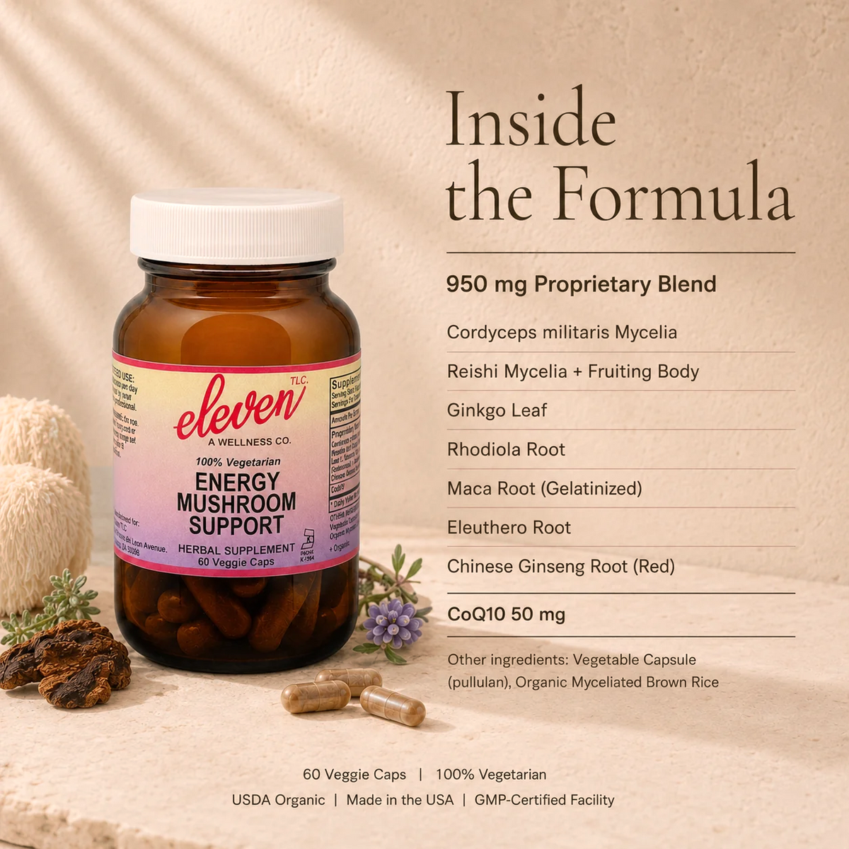 Eleven TLC Energy Mushroom + Adaptogen capsules 60-count bottle showing 950mg proprietary mushroom and adaptogen blend.