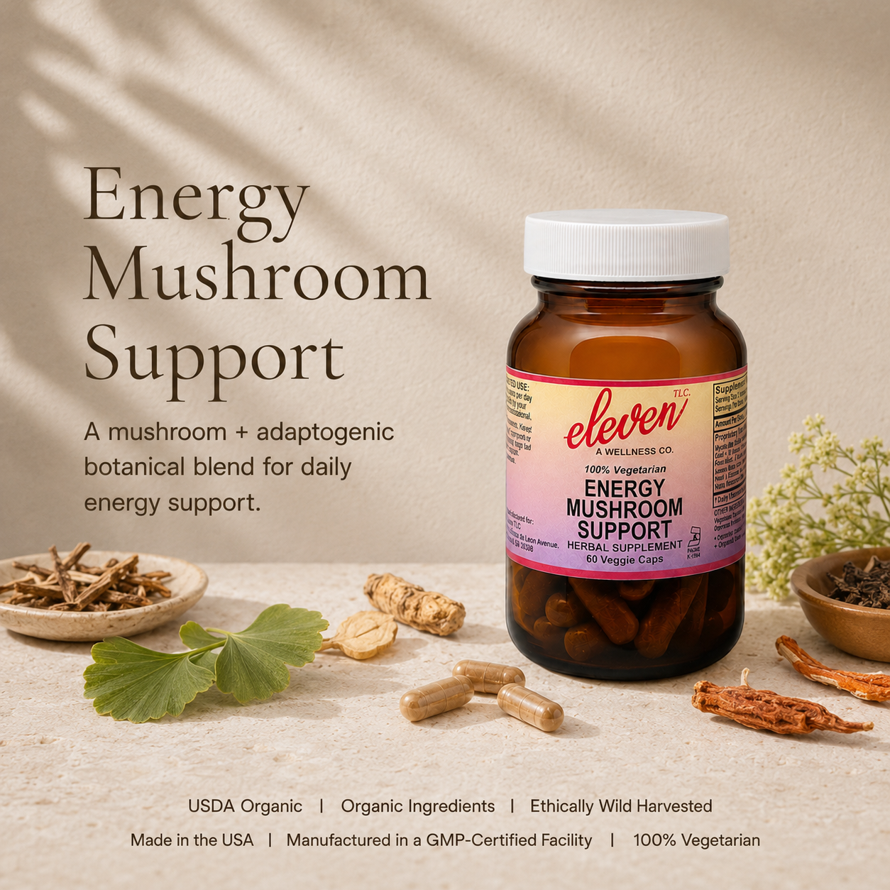 Eleven TLC Energy Mushroom + Adaptogen capsules 60-count bottle with botanical ingredients and functional benefit summary.