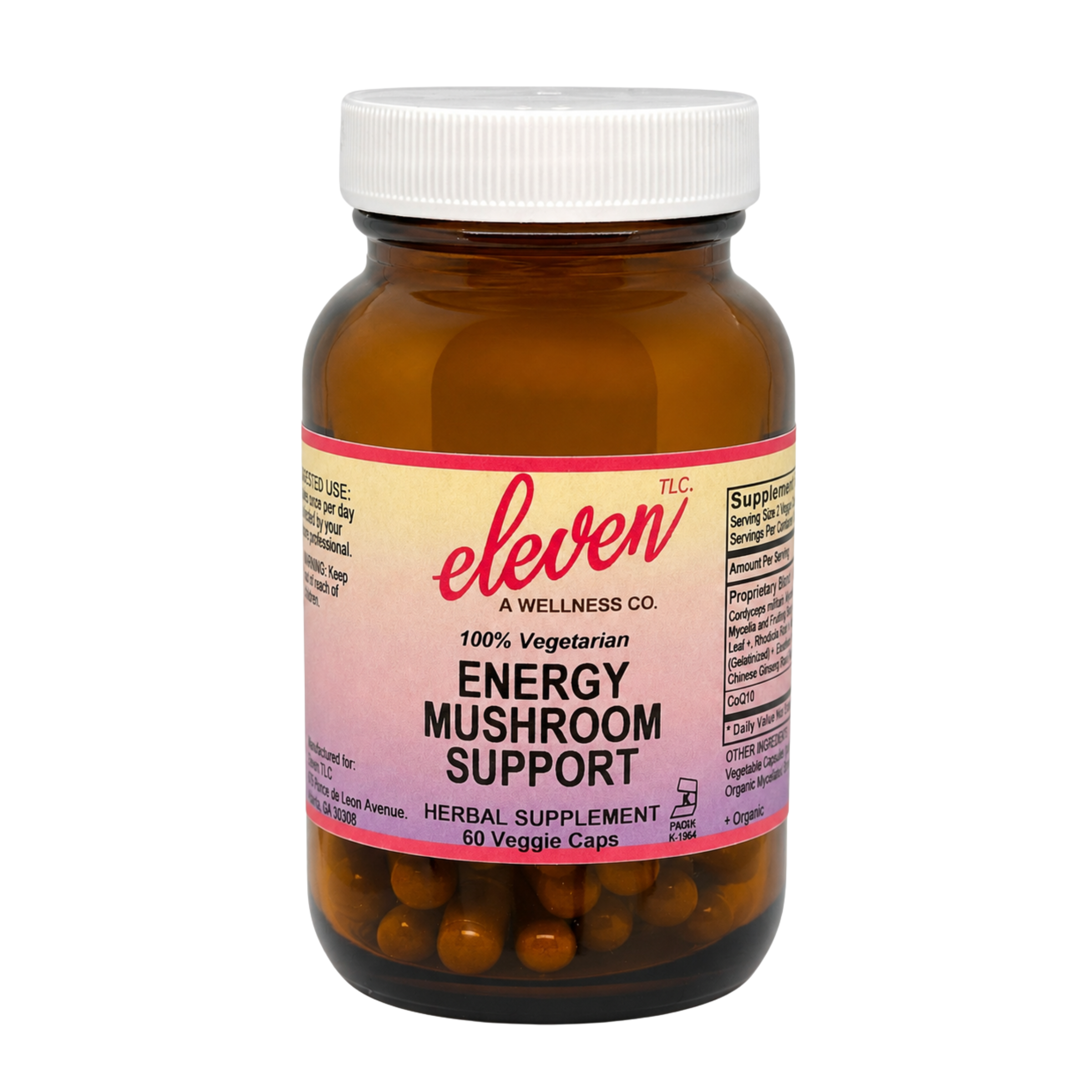Eleven TLC Energy Mushroom capsules in an amber glass bottle on a white studio background.