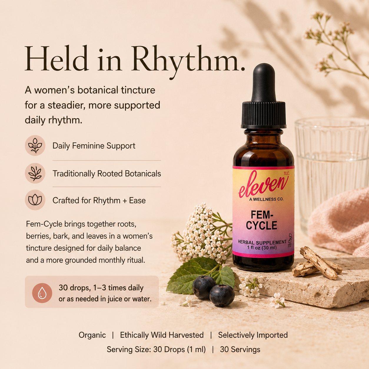 Eleven TLC Fem-Cycle 1 oz tincture infographic; details daily feminine support, usage instructions, and organic standards.