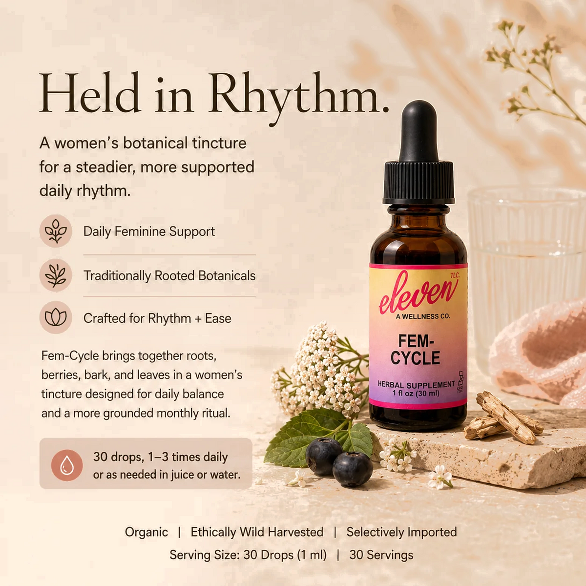Eleven TLC Fem-Cycle 1 fl oz tincture infographic; details daily feminine support, usage instructions, and organic standards.