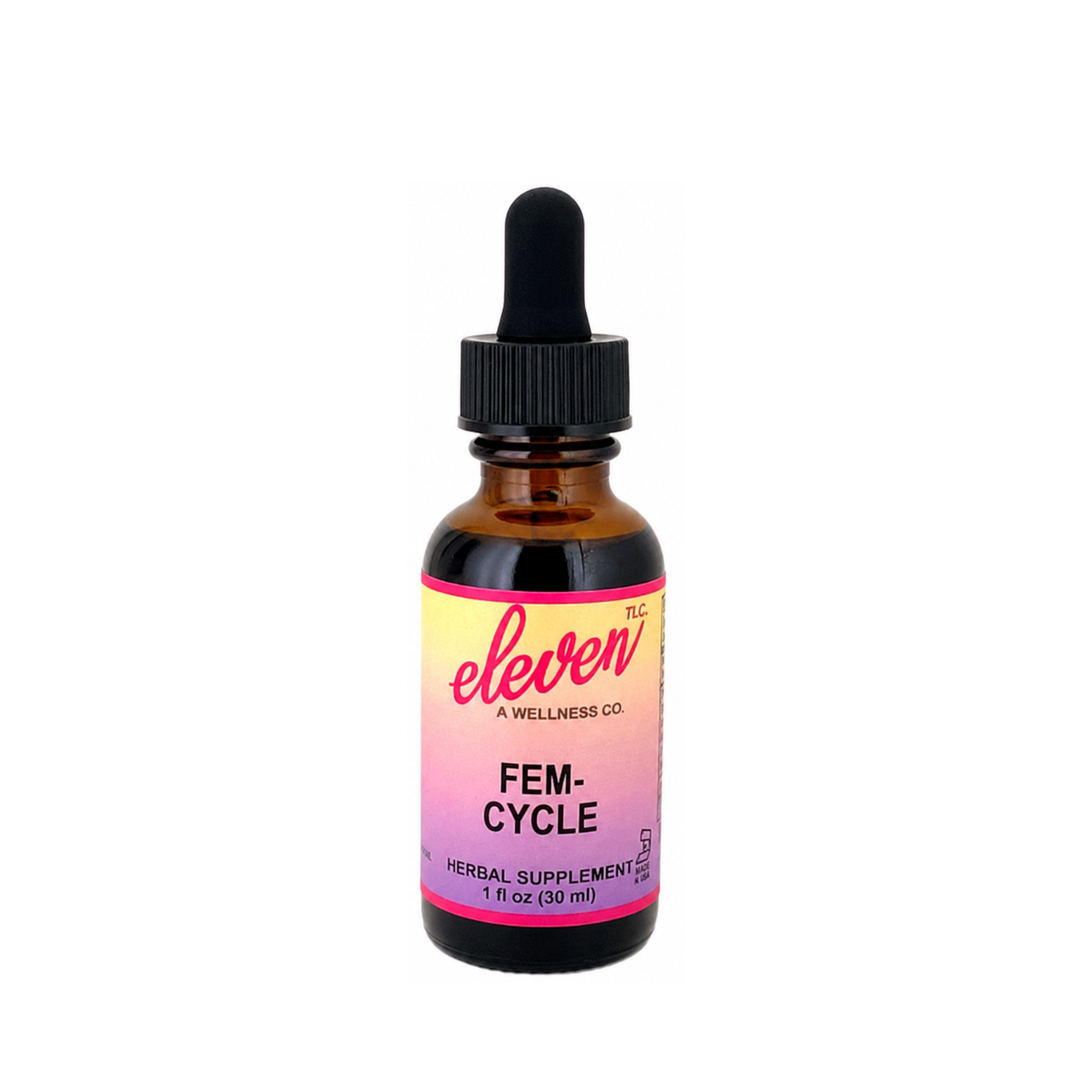 1oz amber glass bottle with black dropper cap and white gradient label. Contains herbal supplement for cycle support.