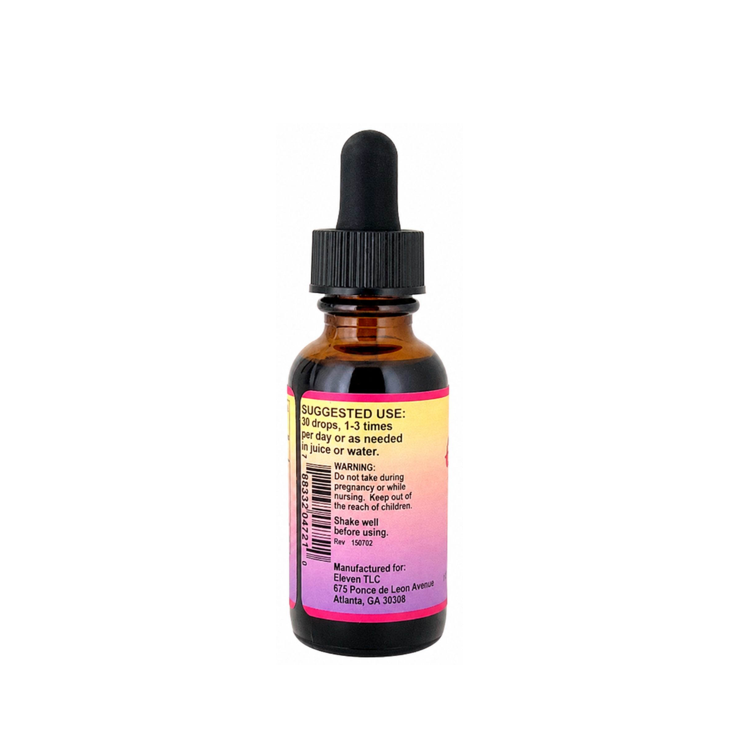 1oz amber glass bottle with dropper, side profile showing liquid herbal tincture extract for cycle support.