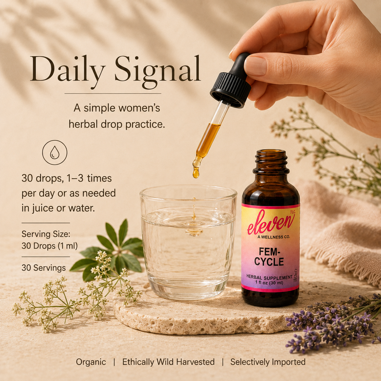 Eleven TLC Fem-Cycle 1 oz tincture instructional graphic detailing 30 servings, usage practice, and organic ingredients.