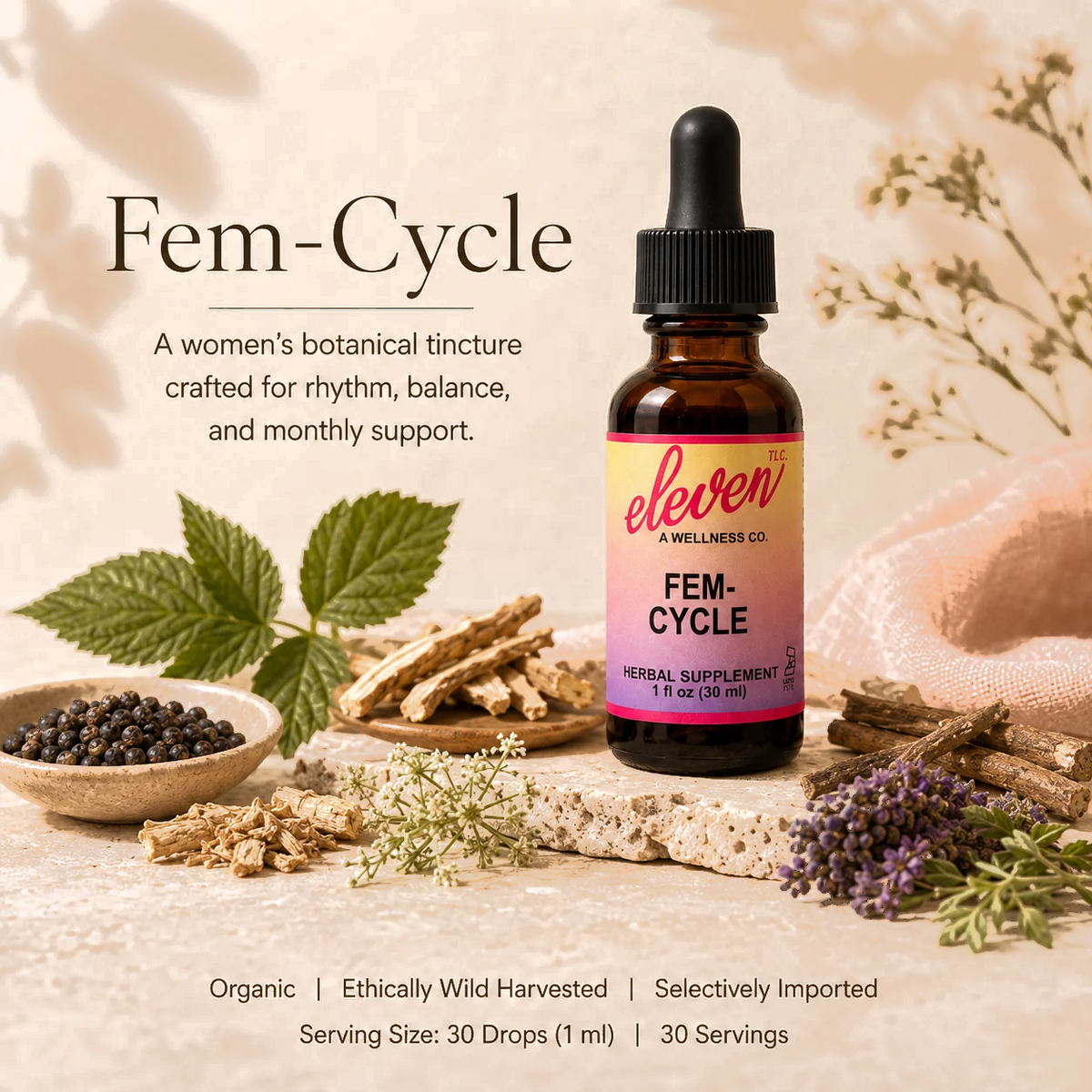 Eleven TLC Fem-Cycle 1 fl oz tincture in an amber glass bottle with black dropper cap and white gradient label