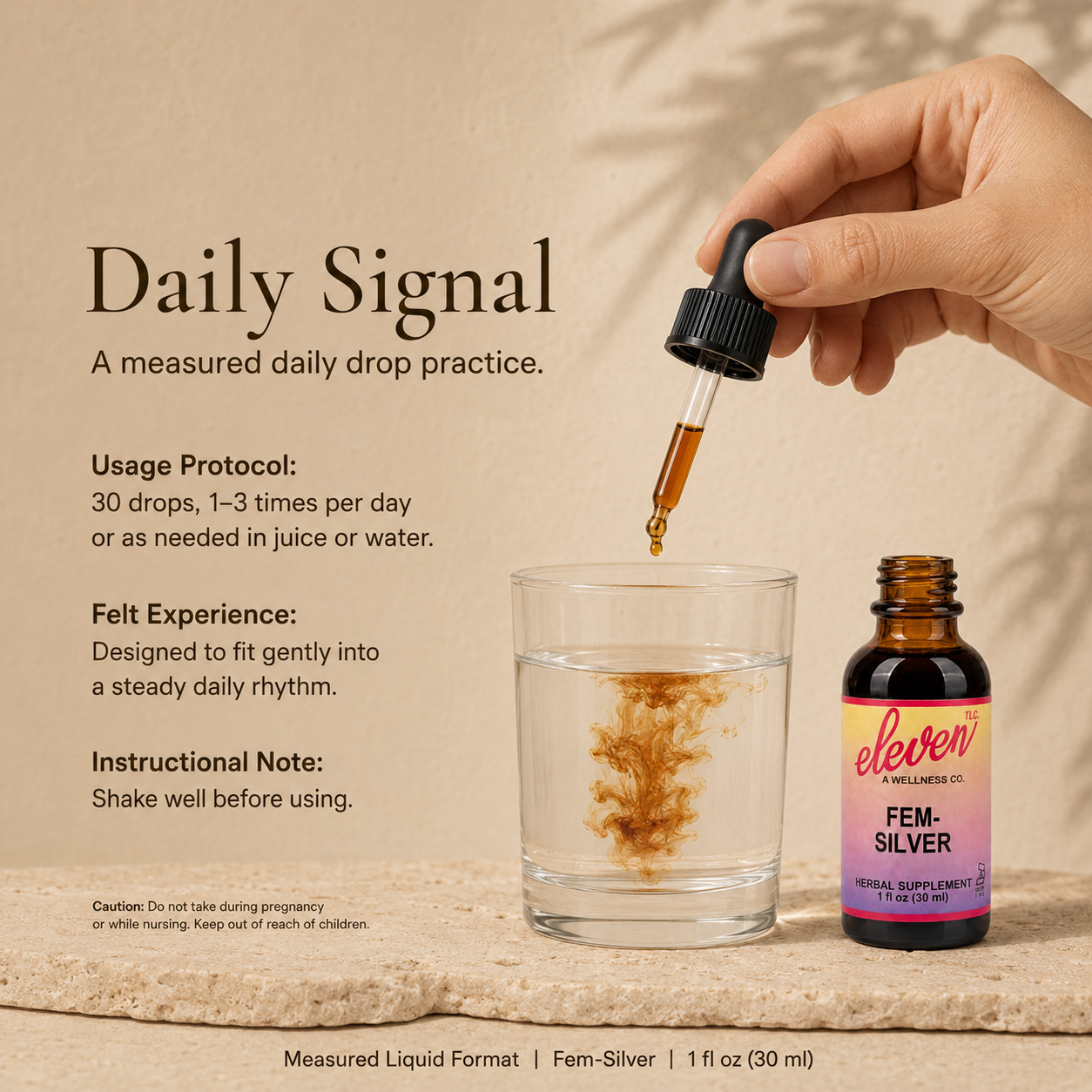 Eleven TLC Fem-Silver instructional slide showing dropper dosage of 30 drops into water for daily hormone support.