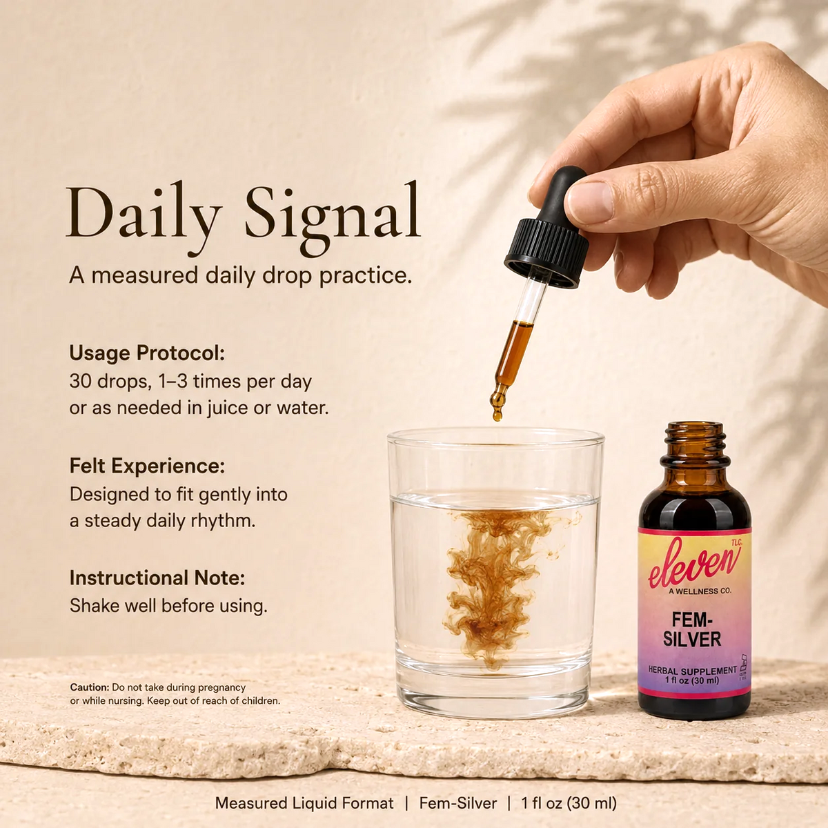 Eleven TLC Fem-Silver instructional slide showing dropper dosage of 30 drops into water for daily hormone support.