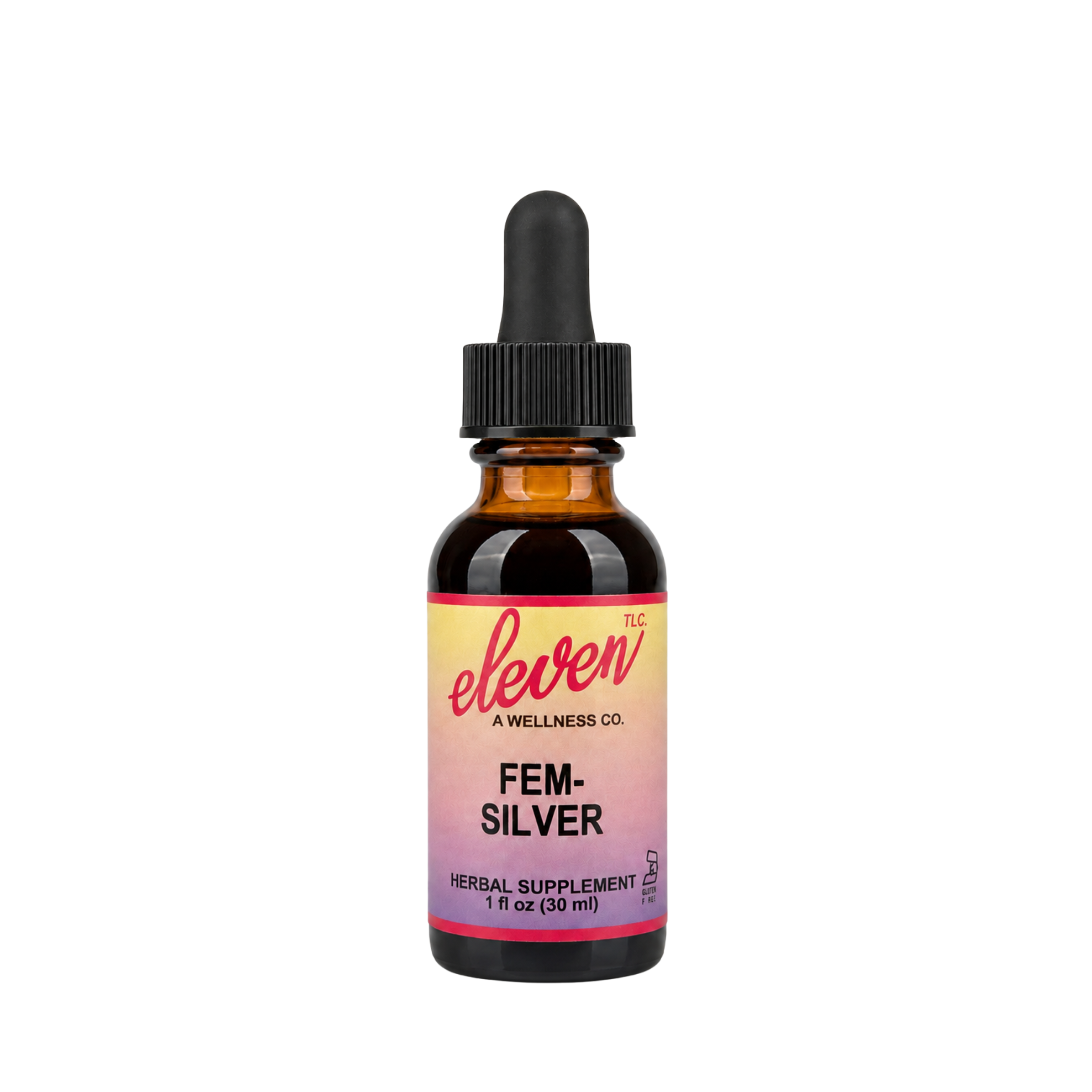 Eleven TLC 1oz Fem-Silver herbal tincture bottle with black dropper cap, front label branding on white background.