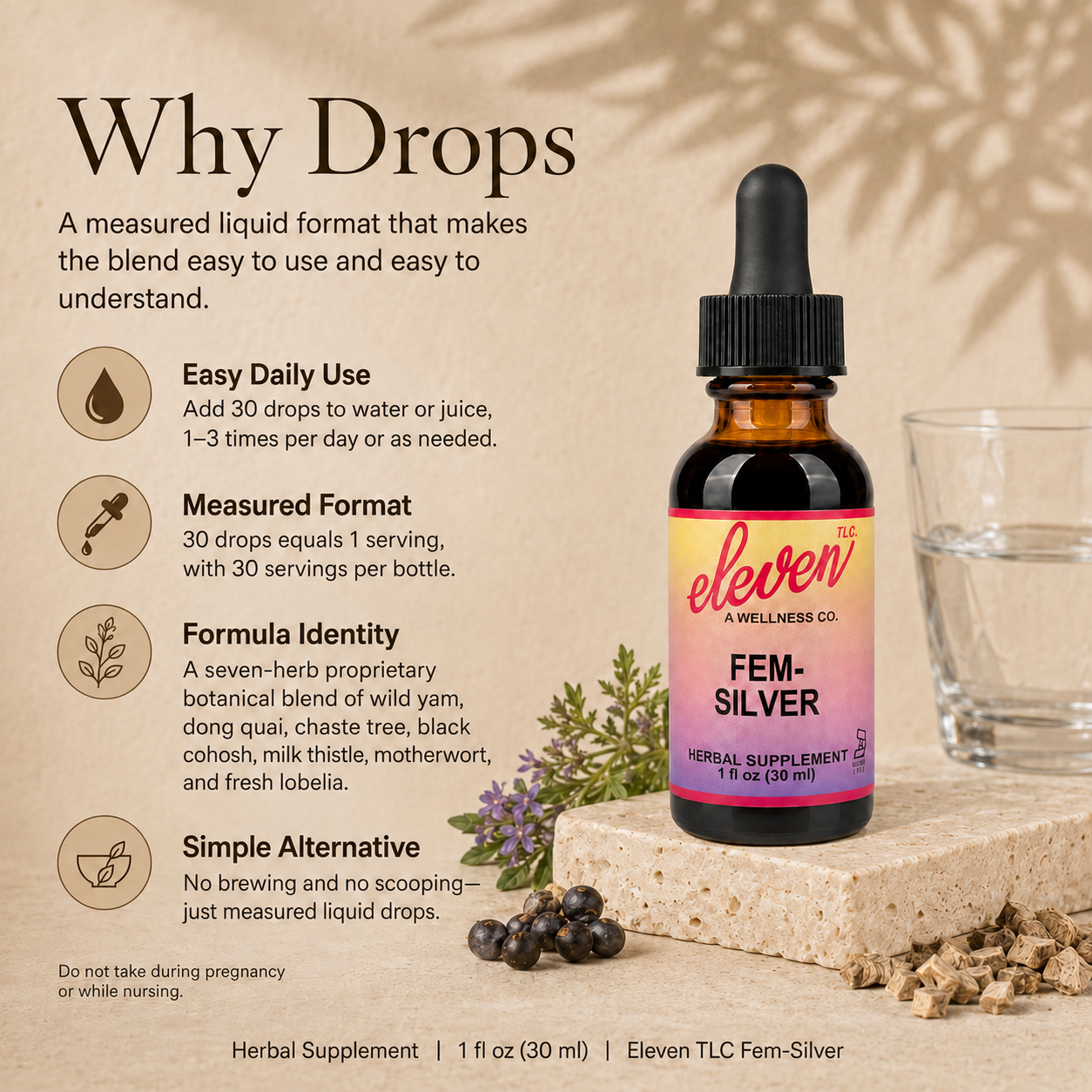 Eleven TLC Fem-Silver infographic explaining liquid tincture benefits: high bioavailability, easy dosing, and rapid absorption.
