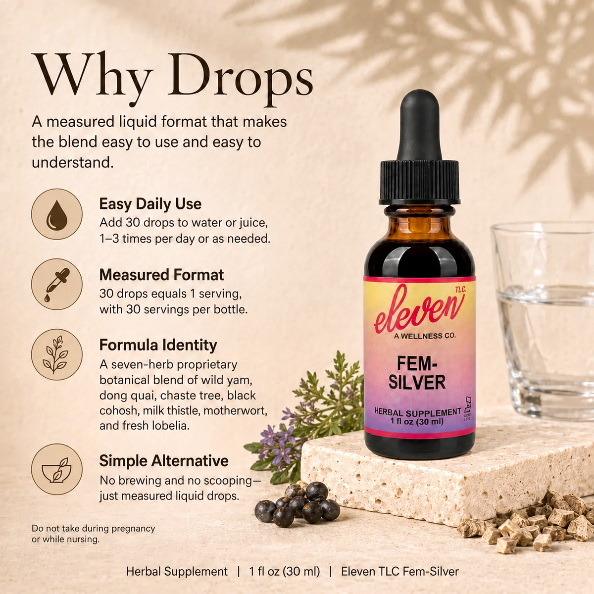 Eleven TLC Fem-Silver infographic explaining liquid tincture benefits: high bioavailability, easy dosing, and rapid absorption.