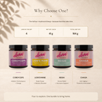 Four Eleven TLC 41 g mushroom powder jars—Cordyceps, Lion's Mane, Reishi, and Chaga—shown together as a 164 g bundle.