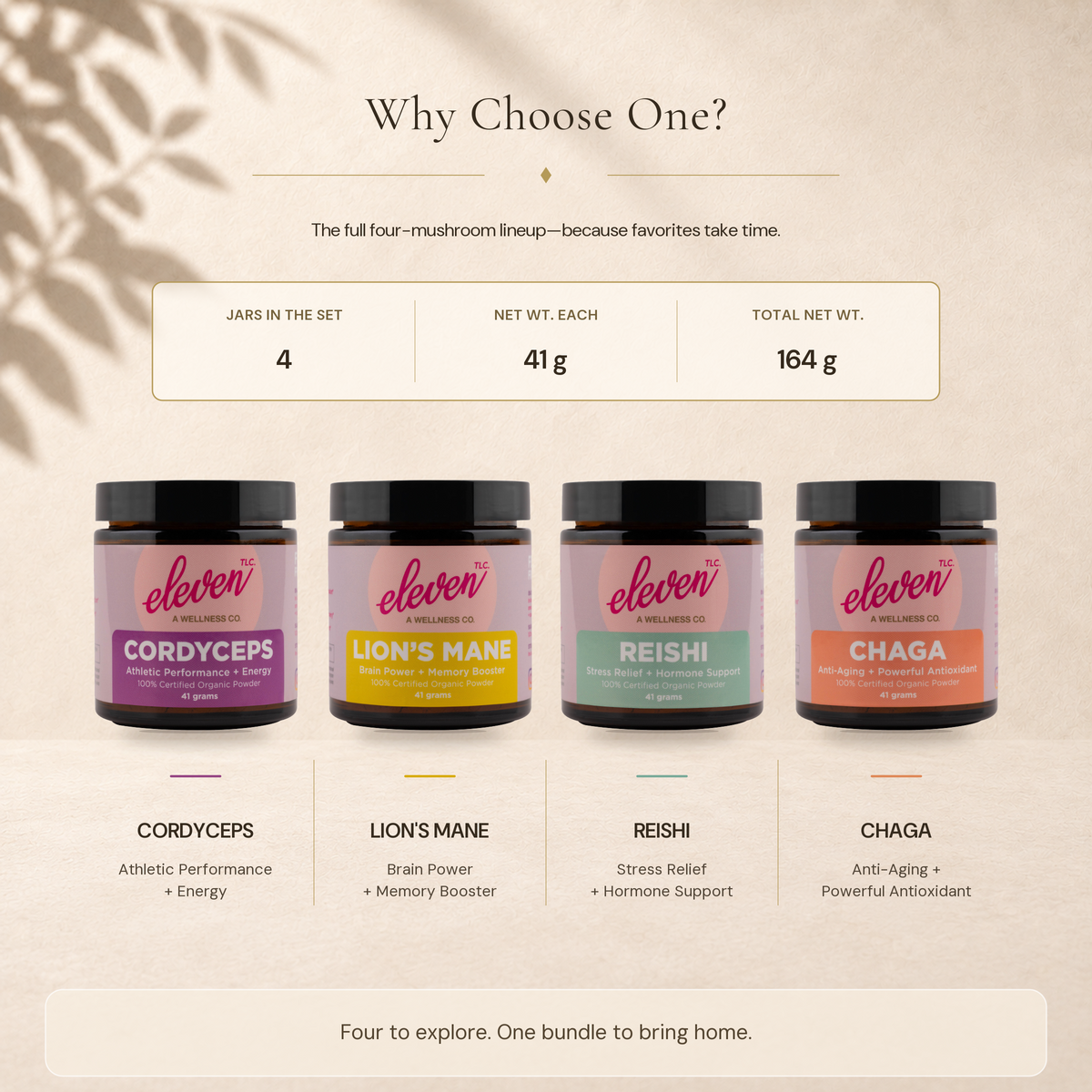 Four Eleven TLC 41 g mushroom powder jars—Cordyceps, Lion's Mane, Reishi, and Chaga—shown together as a 164 g bundle.